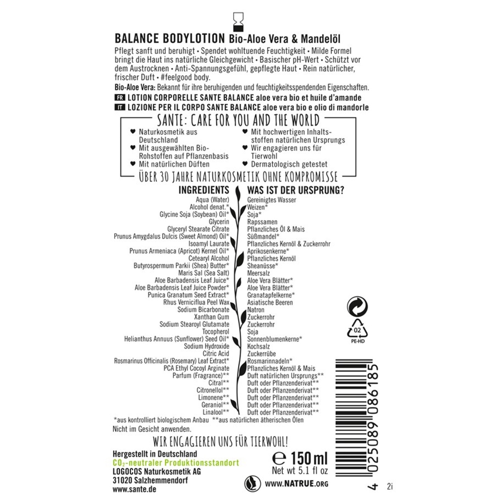 Sante Naturkosmetik Lotion pour le corps équilibrante Aloe vera et huile damande Bio Lotion pour le corps