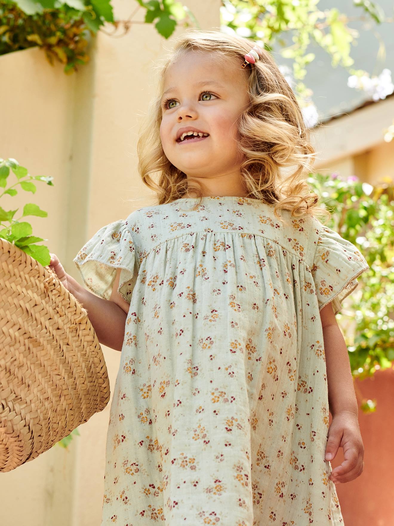 Robe fille en gaze de coton imprimée manches papillon tomette