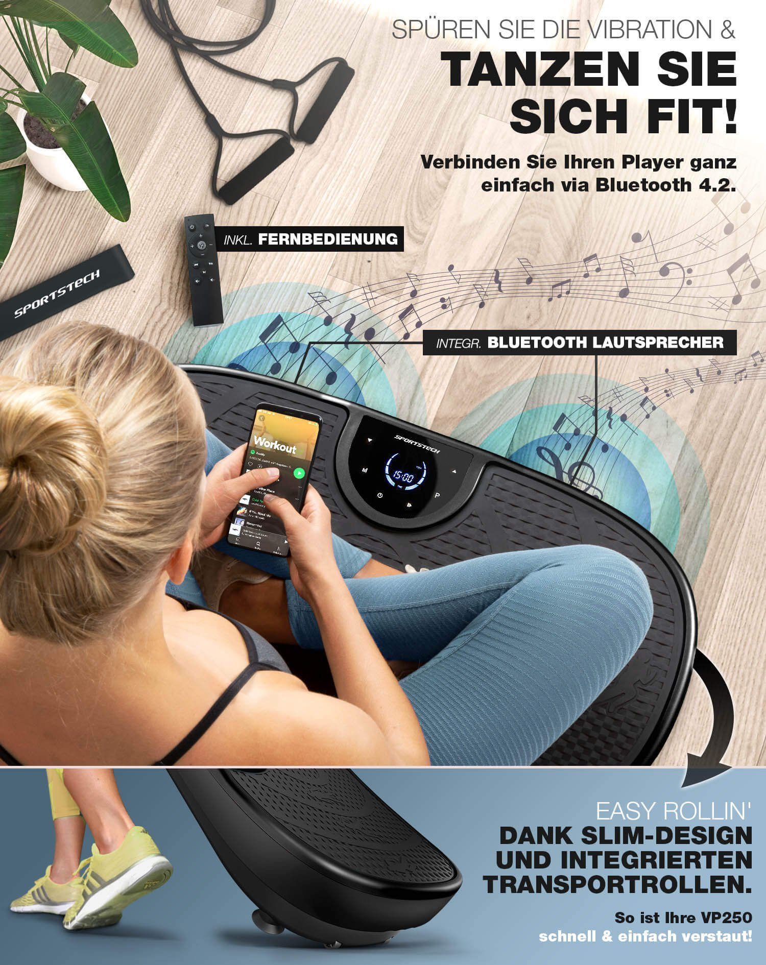 Sportstech Vibrationsplatte VP250, 200,00 W, 99 Intensitätsstufen, 5x EXTRA Sportstech Fitness-Bänder