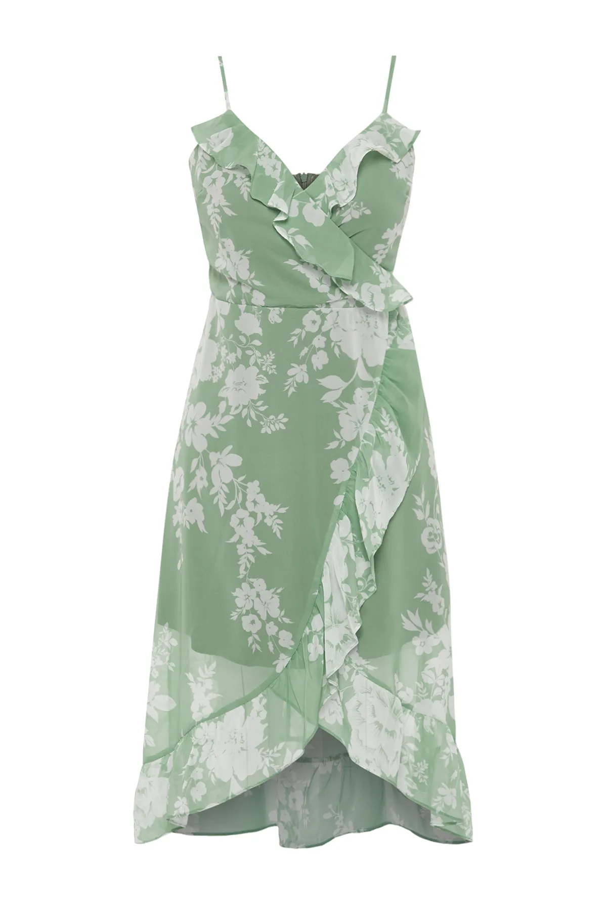 Trendyol Collection  Grünes, zweireihiges, gerüschtes, detailliertes Träger-Midikleid mit Chiffon-Futter und Webstoff TWOSS19EL0375