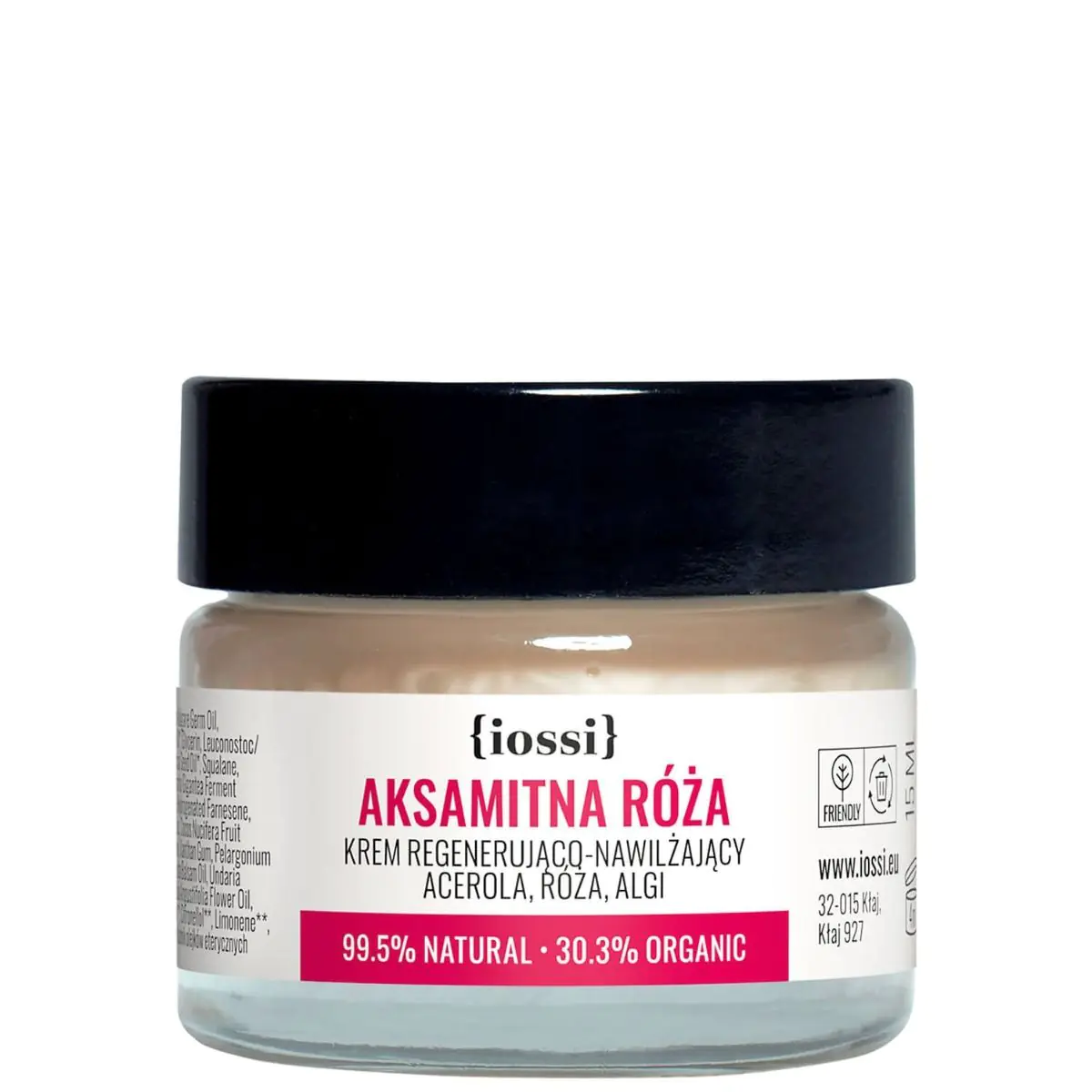 „Iossi Velvet Rose“ regeneruojamasis ir drėkinamasis kremas su acerola, rože ir mini dumbliais.