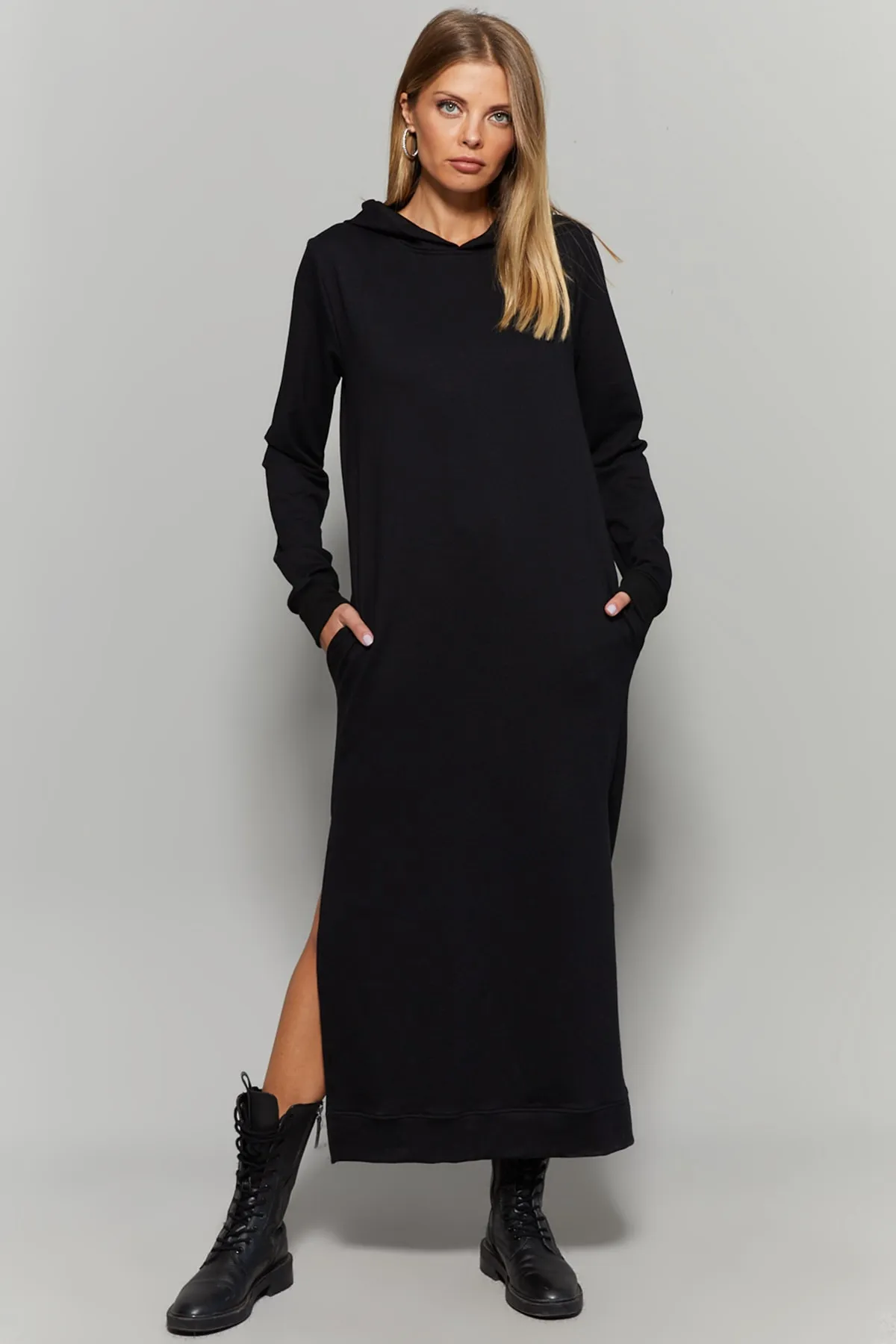 Cool & Sexy  Schwarzes Damen-Maxikleid mit Schlitz und Kapuze EY1111