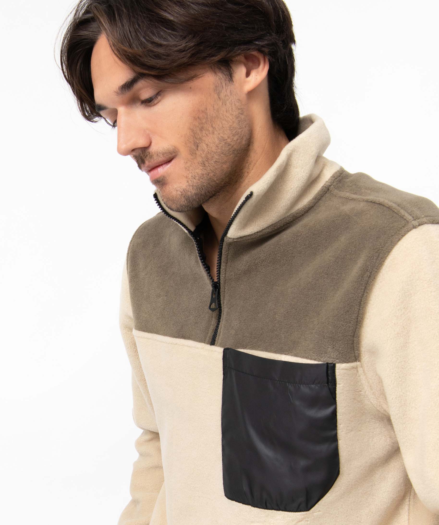 Sweat homme en maille polaire à col zippé ecru | GEMO