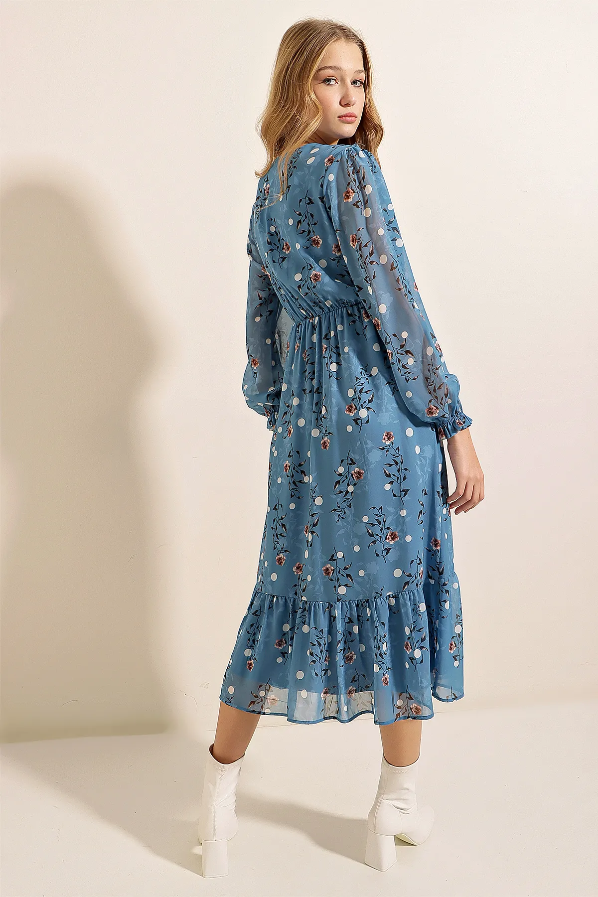Bigdart  2137 Gemustertes Chiffonkleid – Blau