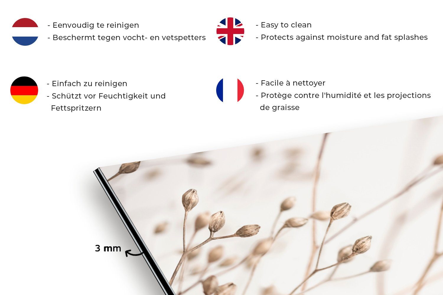 MuchoWow Küchenrückwand Natur - Pflanzen - Zweig - Weiß - Braun - Trockenblumen, (1-tlg), 60x30 cm, Wandschutz, gegen Fett und Schmutzflecken für Küchen