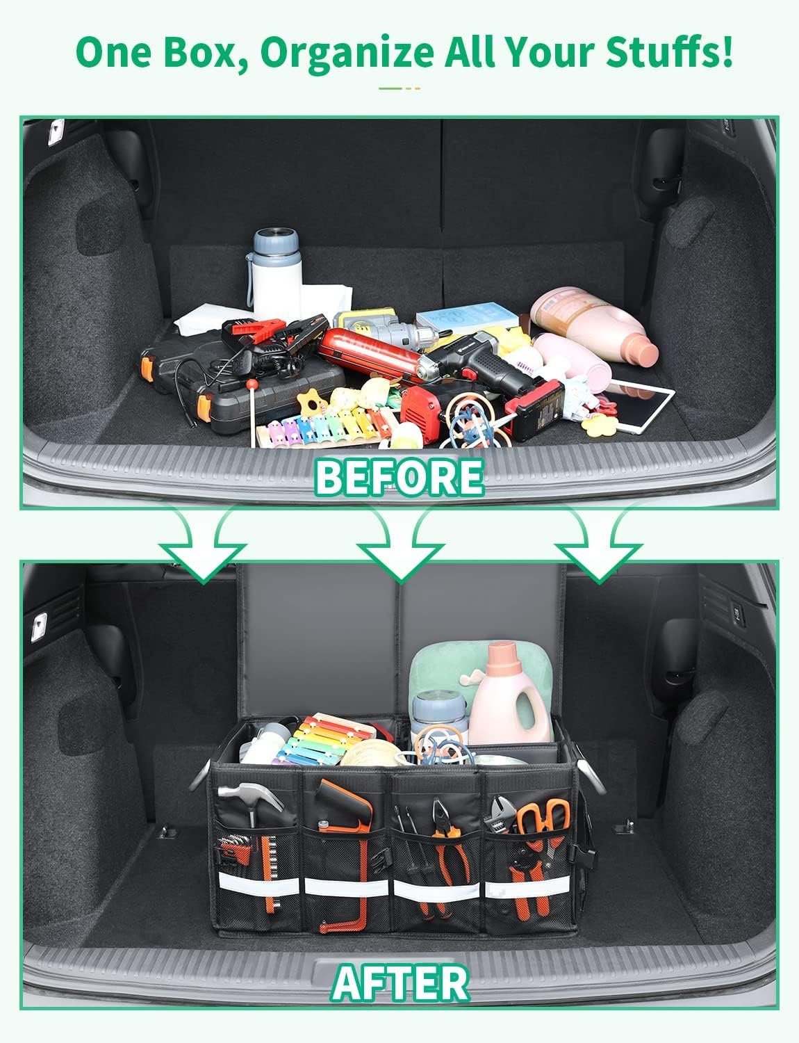 XDeer Aufbewahrungstasche 65 Liter XXL Kofferraum-Organizer,Auto Kofferraumtasche,Faltbox, wasserdicht faltbar und stabil,zur praktischen Aufbewahrung