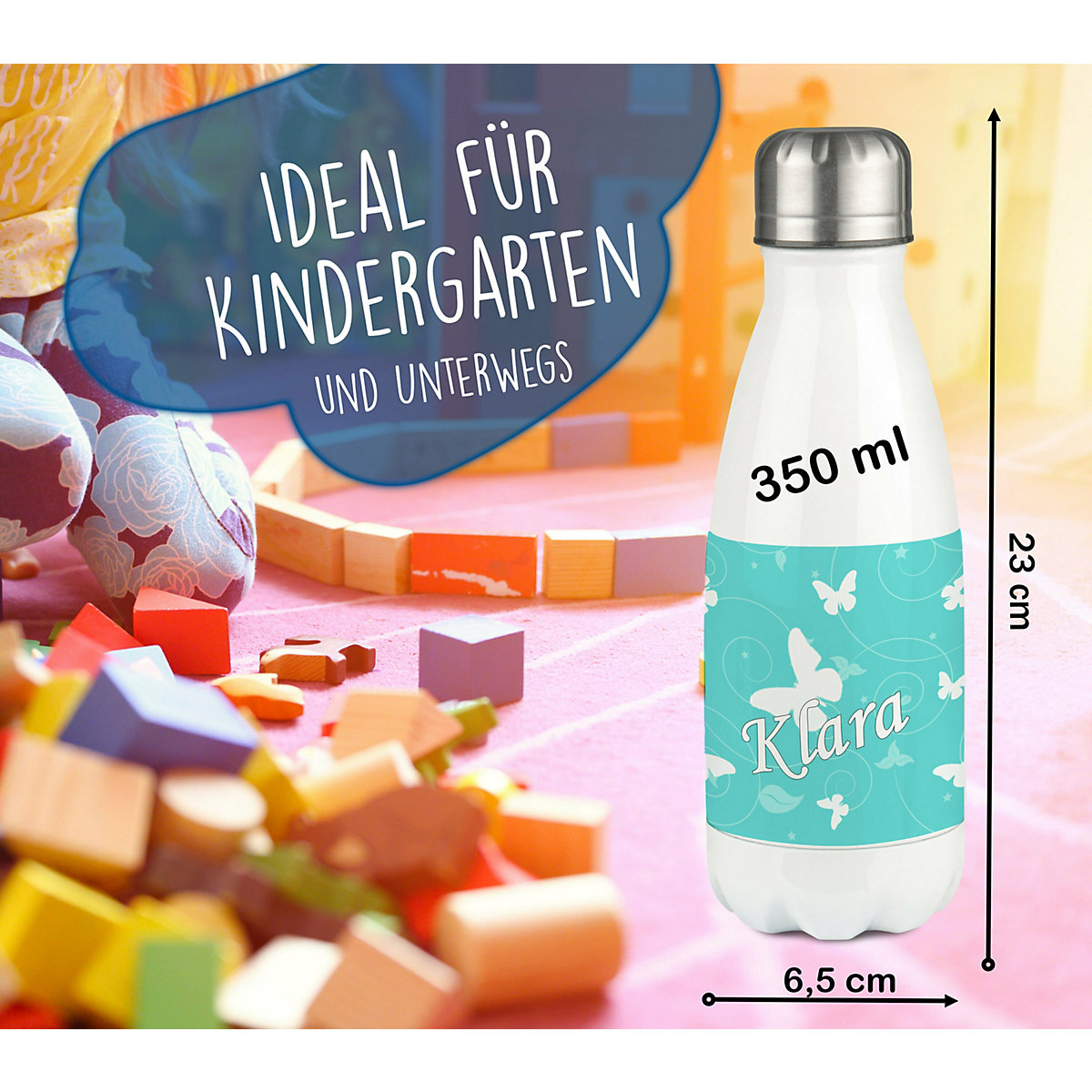 Edelstahl Kinder Thermoflasche / Trinkflasche bunt Schmetterling Ornamente Farbe türkis Spülmaschinenfest, Auslaufsicher, Bruchfest, Doppelwandig, Für Heißgetränke geeignet, Mit Deckel, Isoliert