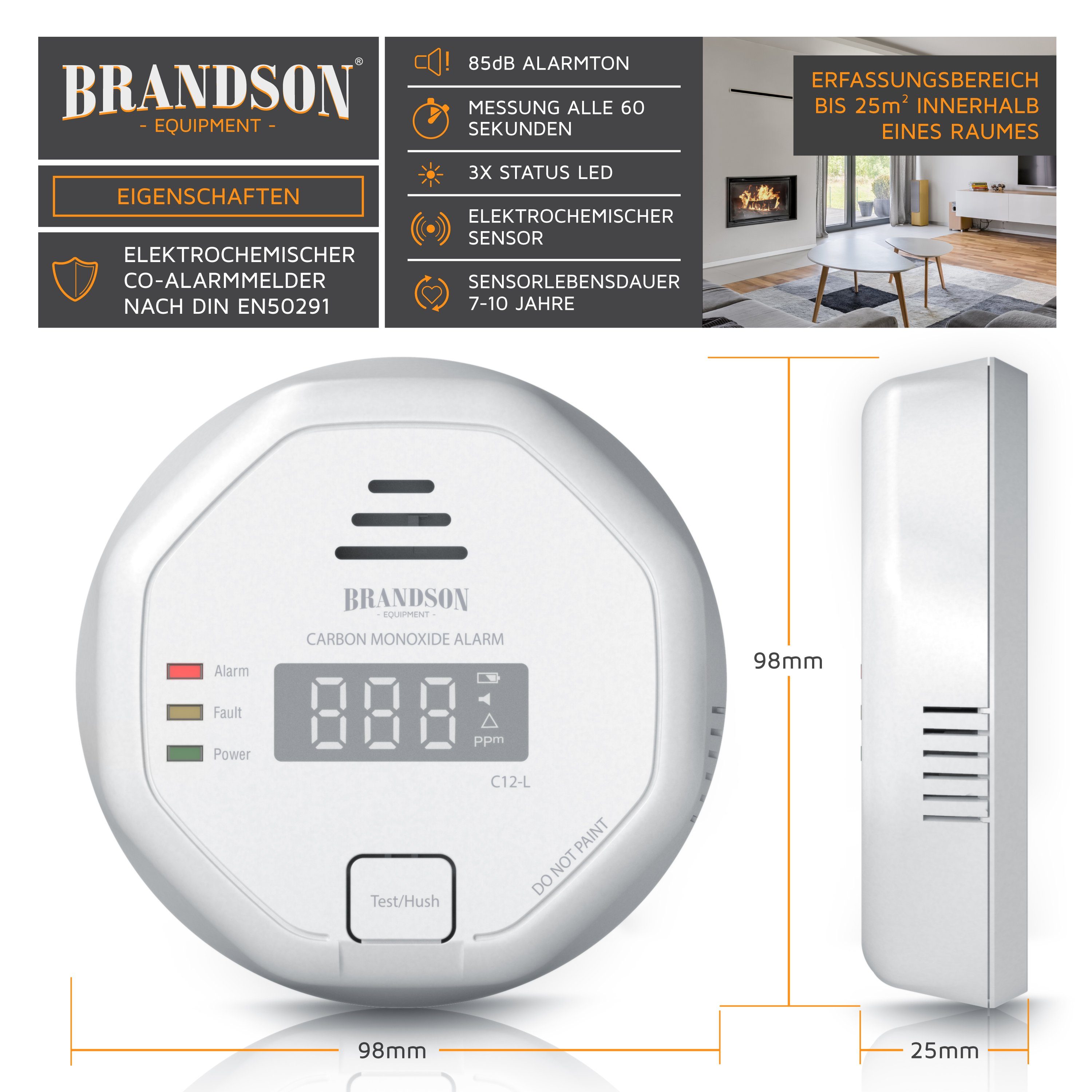 Brandson CO-Melder (Kohlenmonoxid Melder mit LCD Display, CO Alarm, 7-10 Jahre Batterie)