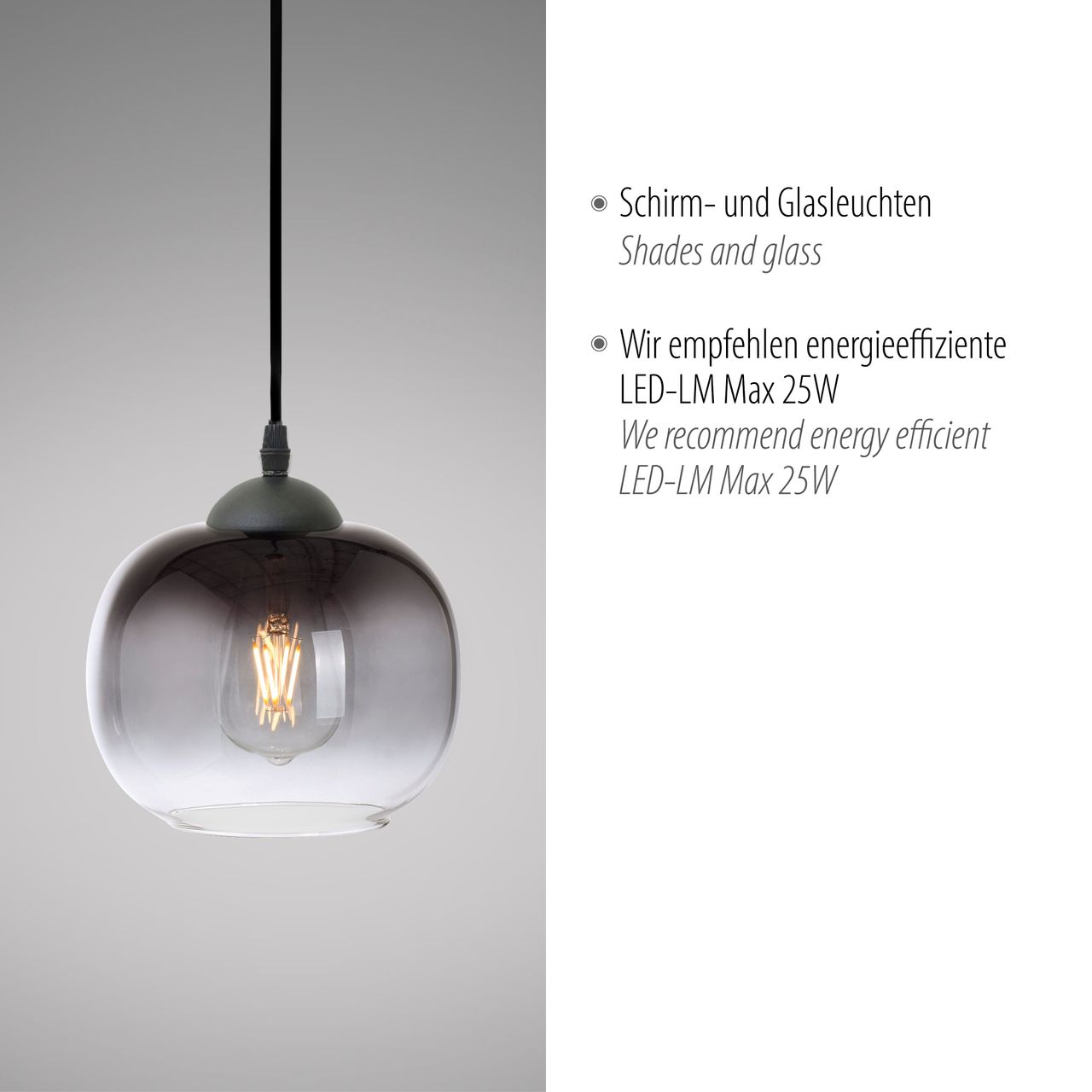JUST LIGHT Pendelleuchte ZEA, 1x E27/25 Watt max., Glas in Rauchfarben, Schwarz