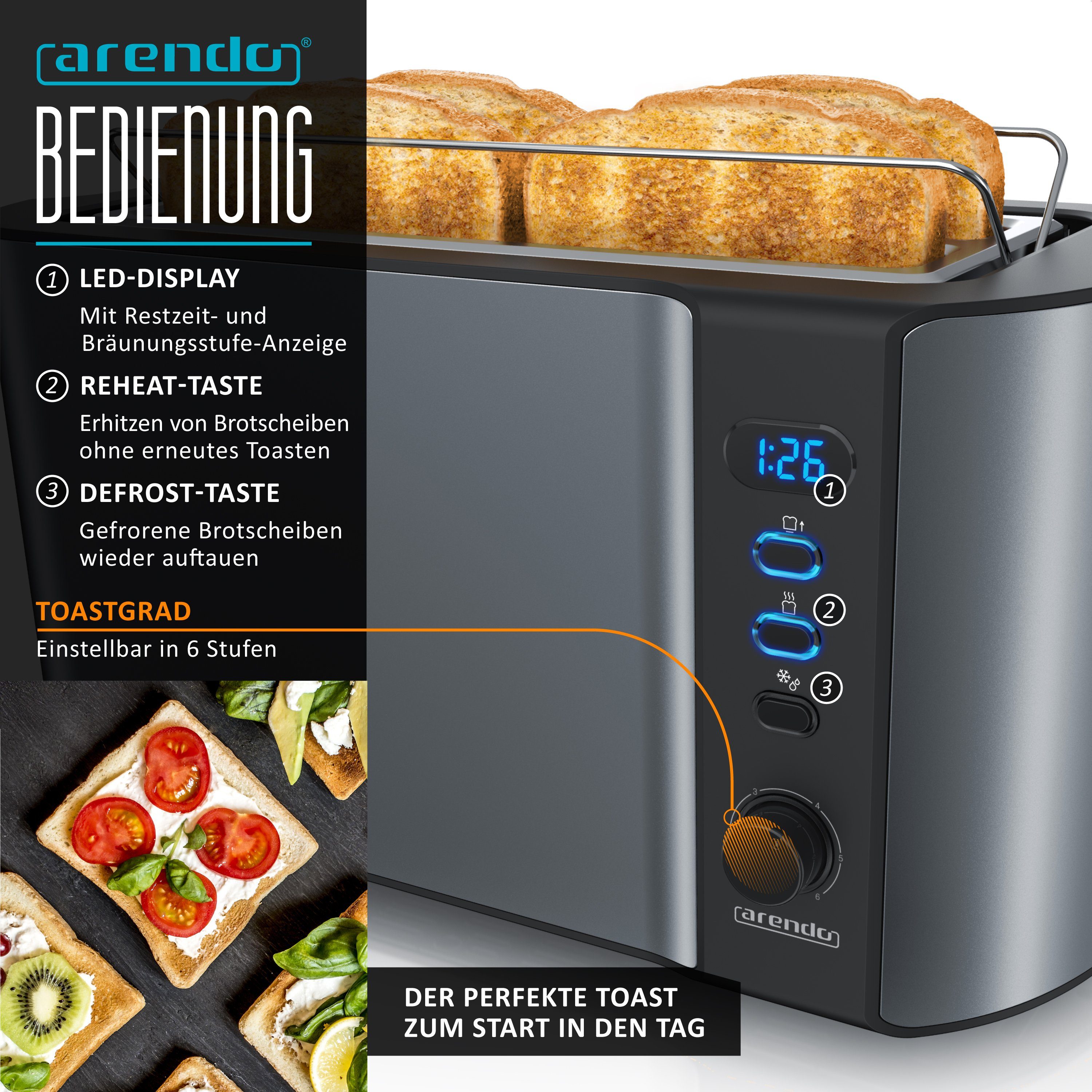Arendo Frühstücks-Set (2-tlg), 4-Scheiben Langschlitz Toaster, 7er Eierkocher, Grau