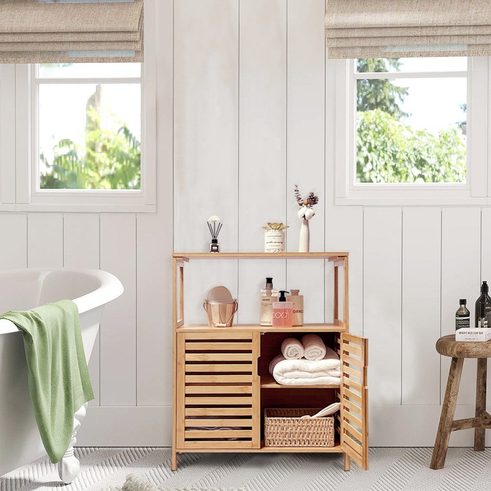 WAOHO Badkommode Badezimmerschrank Bambus, Sideboard Wohnzimmer, Schließfach 65X87X33cm, Abnehmbare Partition