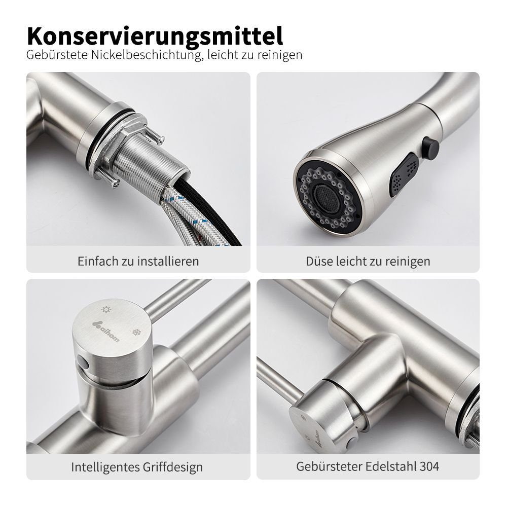 XERSEK Waschtischarmatur Hochdruck Wasserhahn Küche Ausziehbar, küchenarmatur 385mm (Hohe Bogenauslauf 360°schwenkbar, Mischbatterie küche Armatur, aus Edelstahl) 3 Strahlarten (Strahl/Sprüh/Pause)