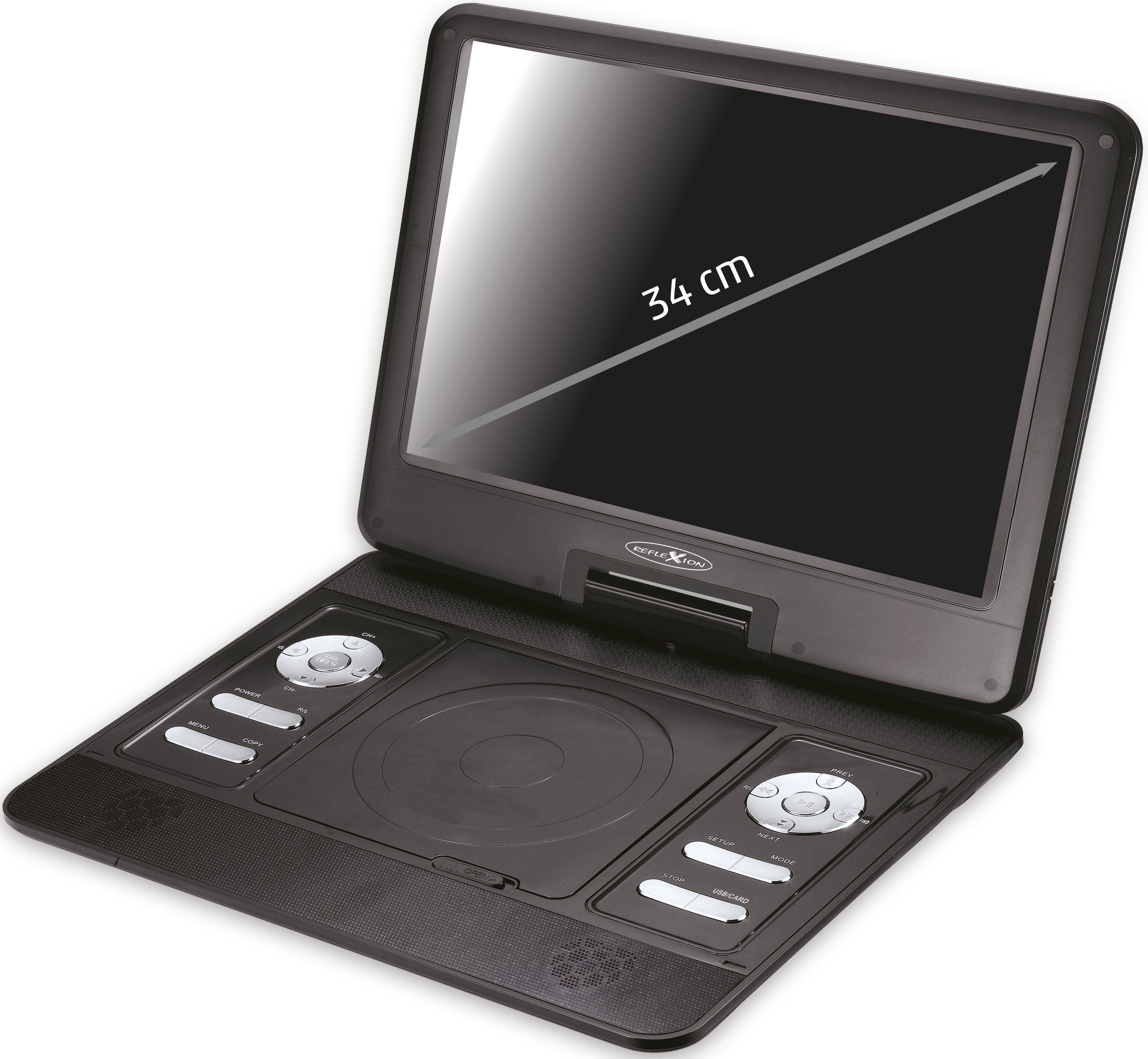 Reflexion DVD1322B Portabler DVD-Player (13” tragbarer LCD-Monitor, DVB-T2 HD, DVD-Player, Gamepad, Game-Disk, USB, Micro-SD, Akku, 12V-Adapter)
