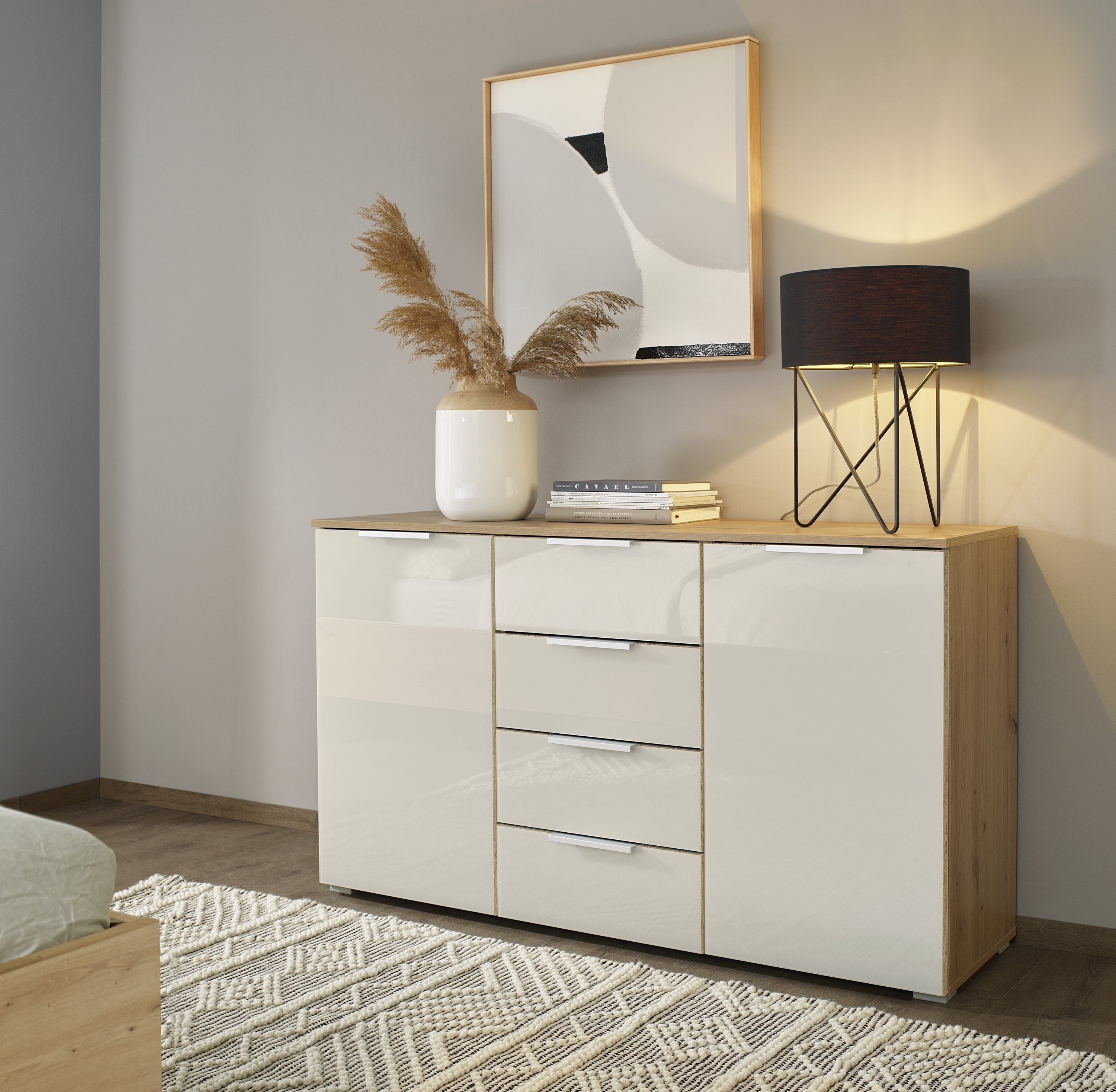 rauch Kommode Koluna, mit Glasfront, 4 Schubkästen, inkl. 3er-Set Filzboxen