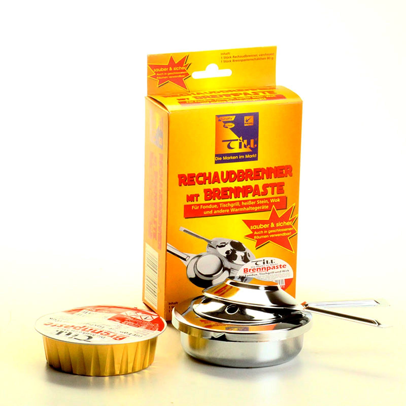 Till Bioethanol 4x Pastenbrenner Spiritusbrenner Rechaud Brenner Fondue Speisewärmer, verchromt mit 16x Ethanol Brennpaste a 80 g