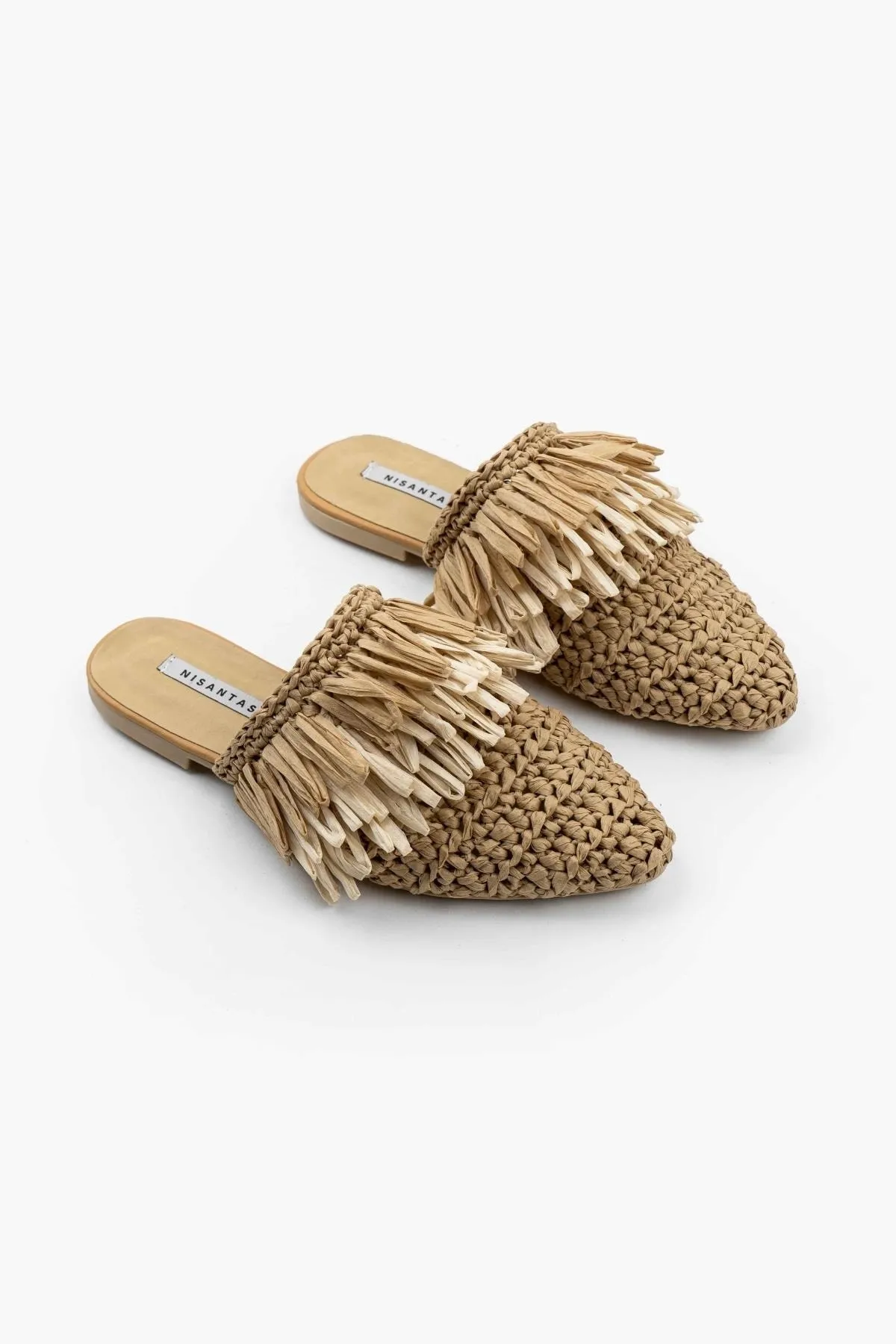 NİŞANTAŞI SHOES  Viana Brown Gestrickte Damenhausschuhe in Tan Beige mit Quasten und Details