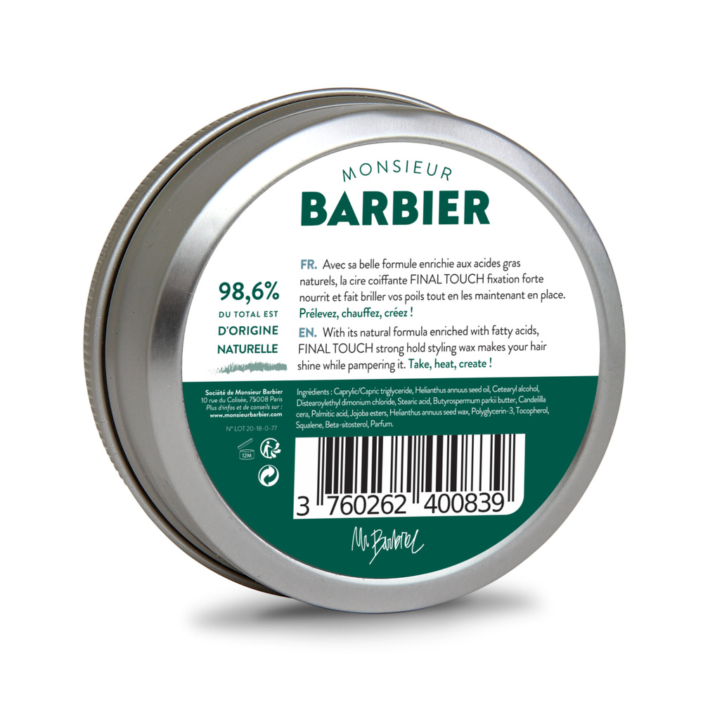 Monsieur Barbier Cire Coiffante Naturelle et Vegan, Fixation forte, Effet satiné - Final Touch Cire Coiffante Naturelle et Vegan Barbeet Cheveux pour Hommes - Final Touch