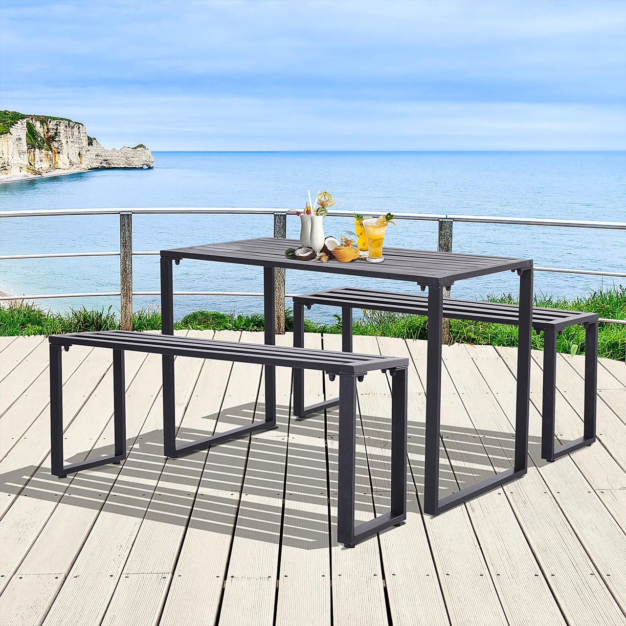 Outsunny Outdoor Tisch-Set Festgarnitur 3-tlg. Sitzgruppe Gartengarnitur Metall