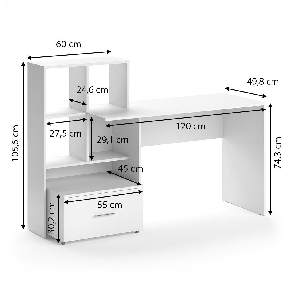 Vicco Schreibtisch Computertisch Bürotisch Regal Schublade Arbeitstisch LORIS Weiß