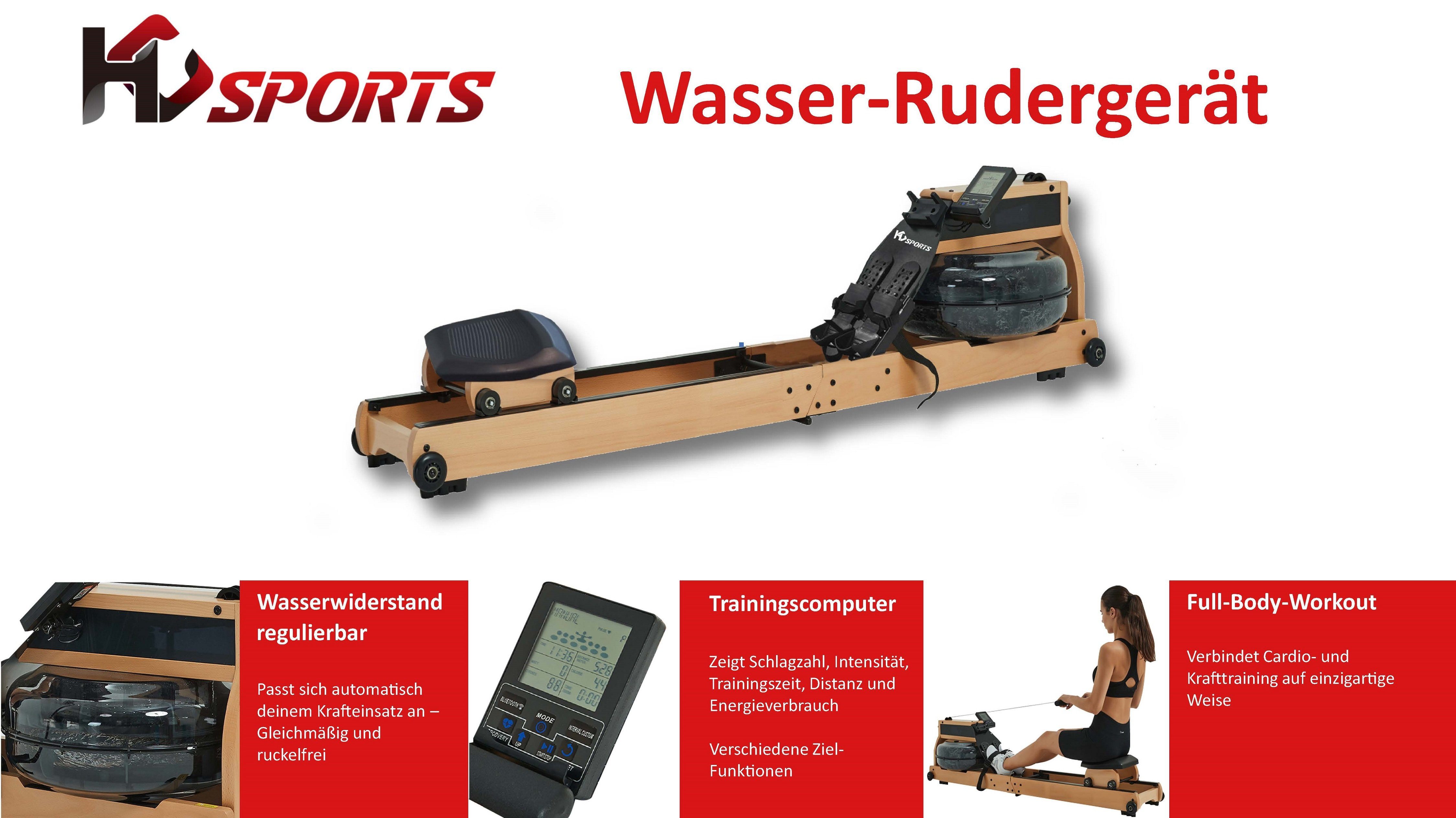 HC Sports Rudergerät Wasser-Rudergerät Buche klappbar (Paket), extra großer Wassertank, platzsparend faltbar, APP-Unterstützung