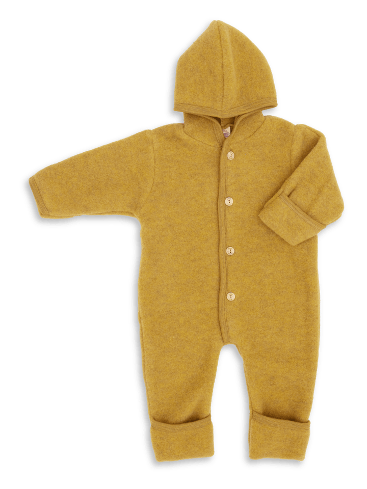 Kinderhaus Blaubär Baby-Overall mit Kapuze, Holzknöpfen & Mulltuch Blaubaer in Safran Melange günstig kaufen 50/56