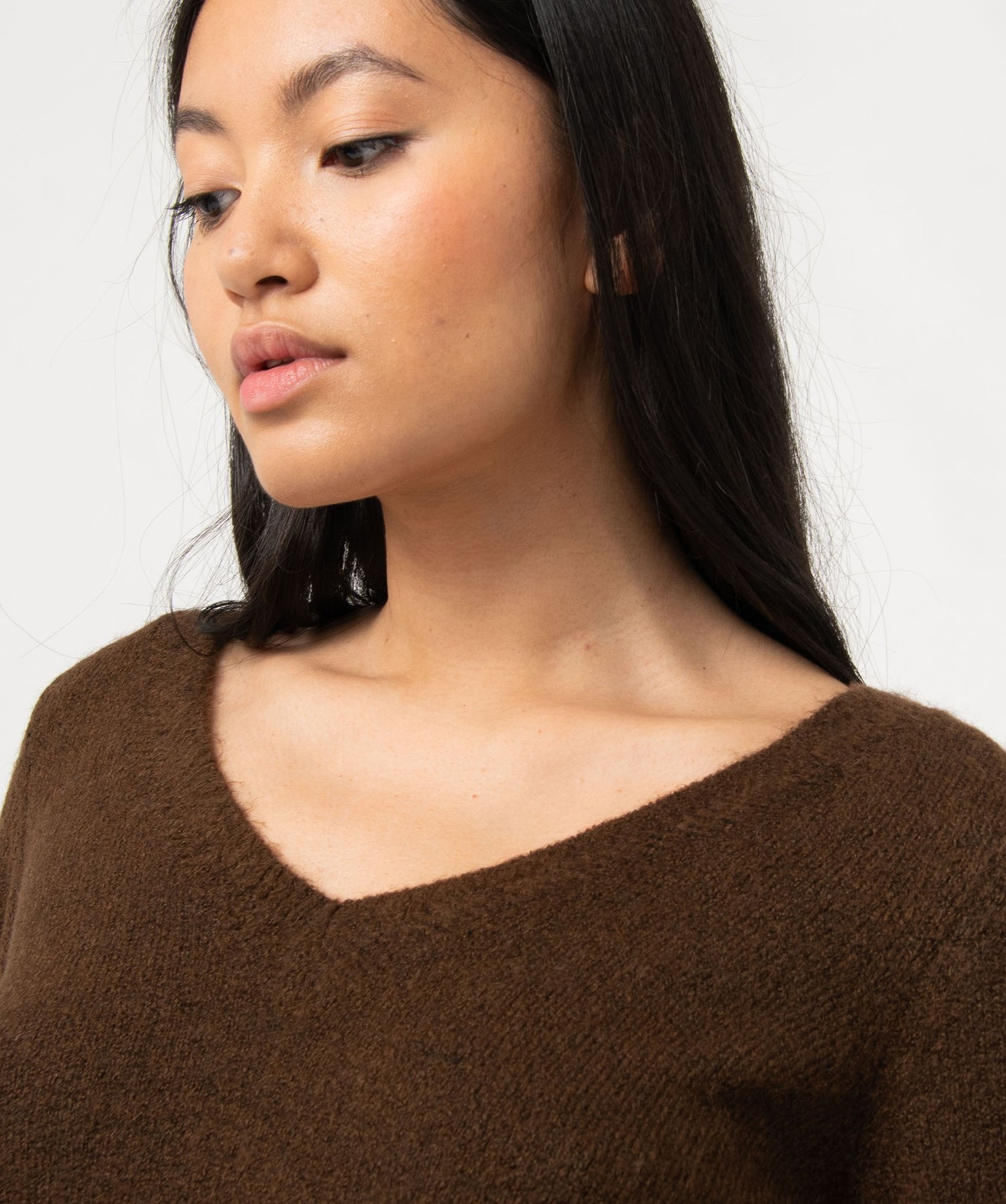 Pull femme à grand col V fantaisie marron | GEMO