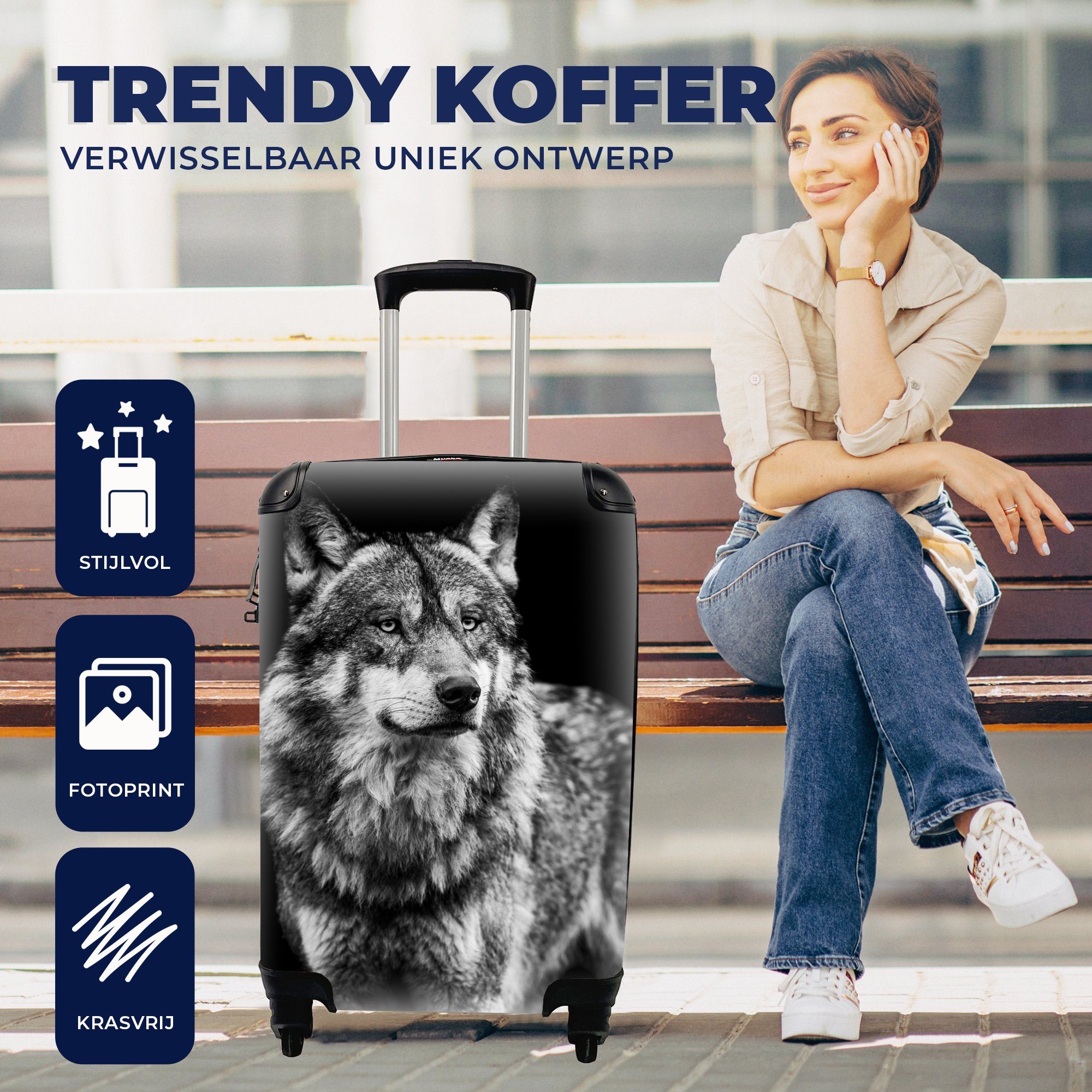MuchoWow Handgepäckkoffer Wolf - Tiere - Wild - Schwarz - Weiß, 4 Rollen, Reisetasche mit rollen, Handgepäck für Ferien, Trolley, Reisekoffer
