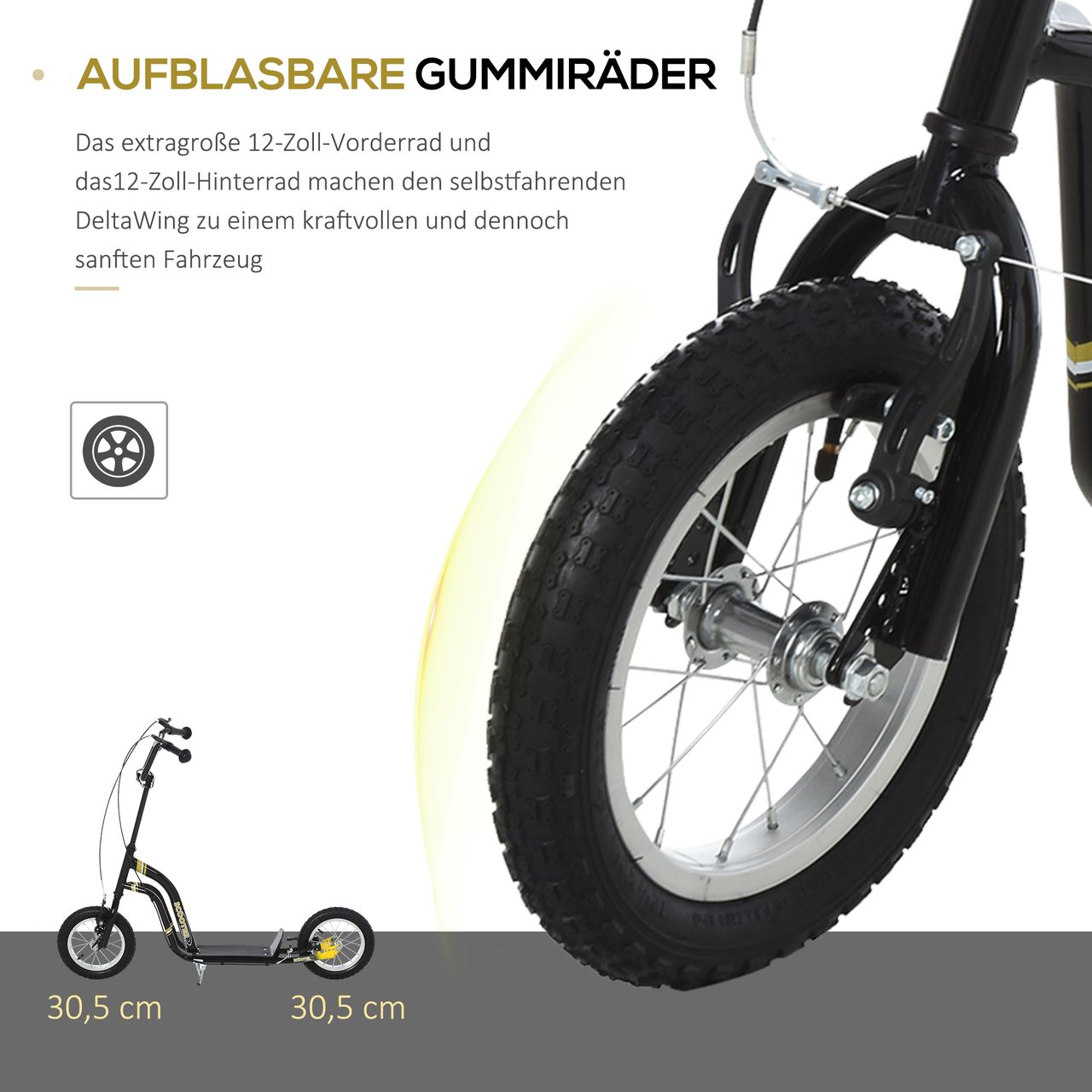 HOMCOM Kinderroller Scooter Tretroller Cityroller Kinder Roller Kickboard mit Luftreifen 12 Zoll Schwarz 120 x 58 x 85-95 cm
