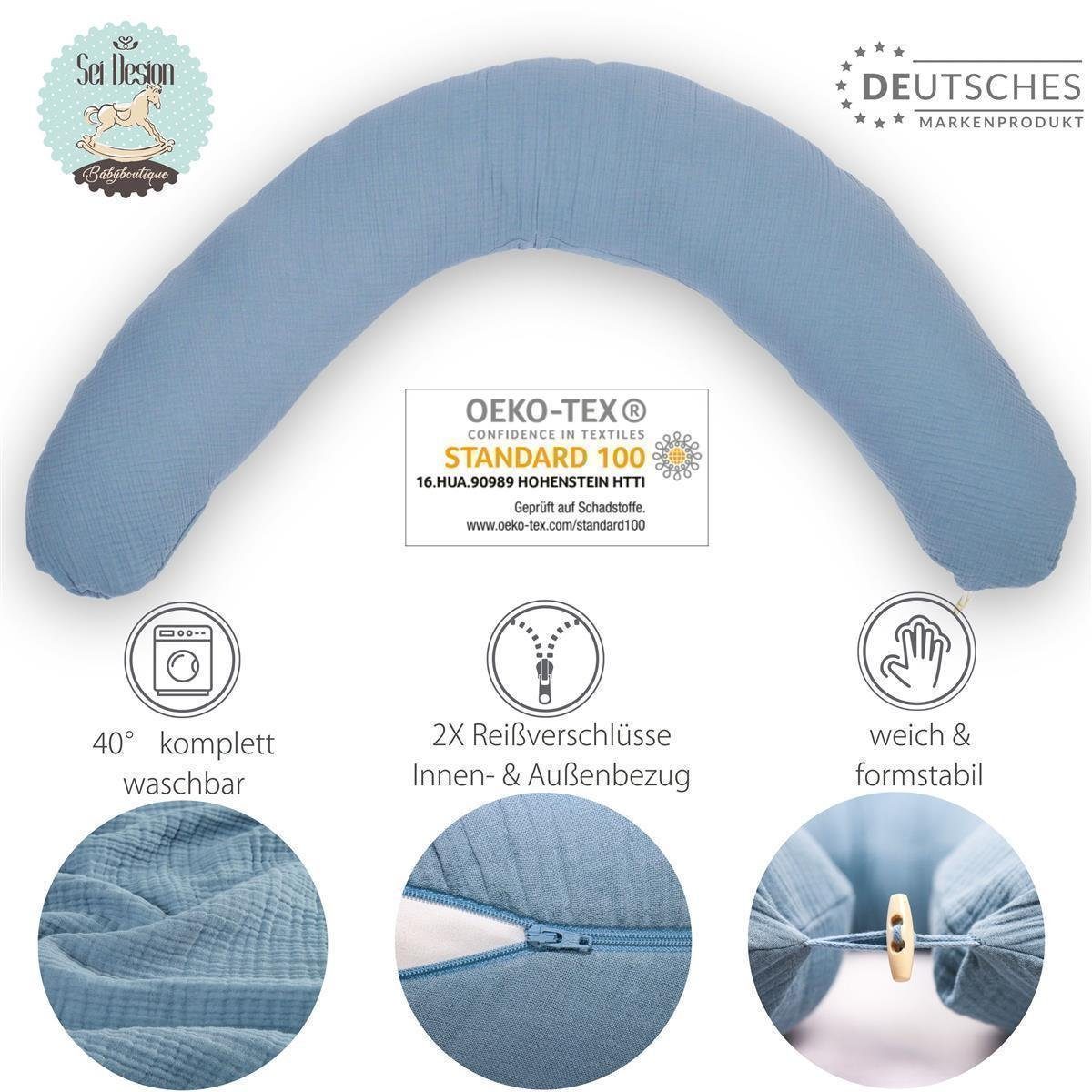 SEI Design Stillkissen Seitenschläferkissen Babynestchen mit EPS Mikroperlen, Schwangerschaftskissen mit Bezug, Musselin BIO Baumwolle
