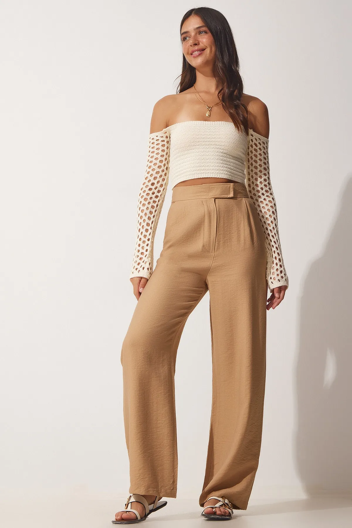 Happiness İstanbul  Lose Damen-Leinenhose mit Keksverschluss und Klettverschluss BV00074