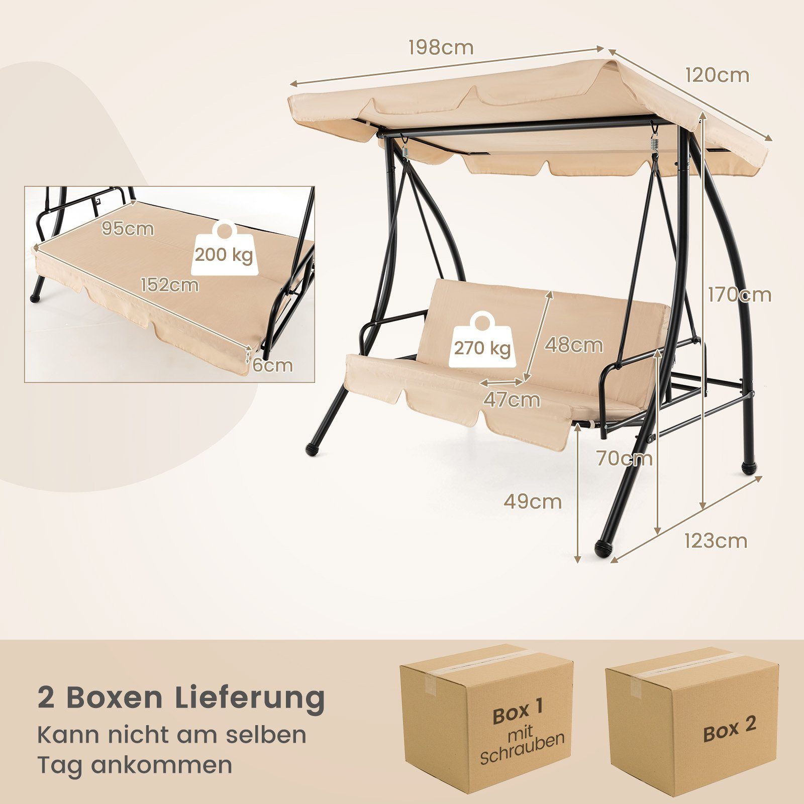COSTWAY Hollywoodschaukel 2 in 1 Flachbett, 2,00-Sitzer, mit Dach