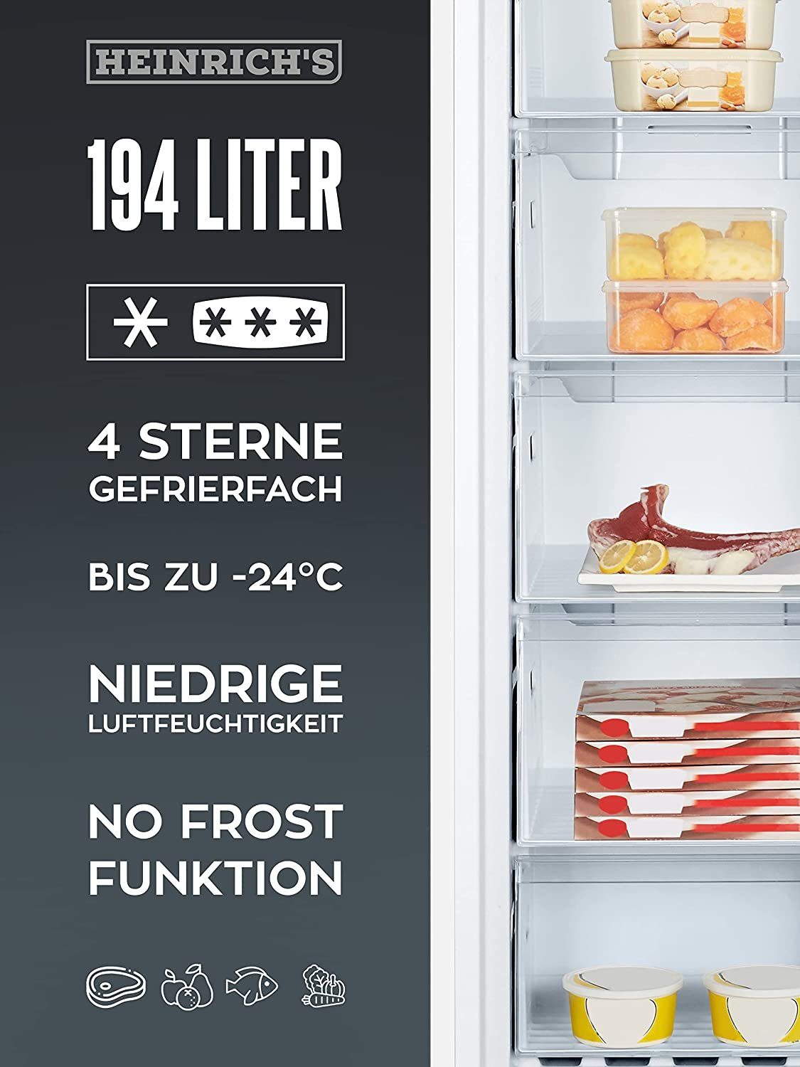 Heinrich´s Gefrierschrank 194 Liter HGS 3093, 169 cm hoch, 55 cm breit, NoFrost, AirFlow Technologie, Freezer, LED Display 5x Gefrierschublade