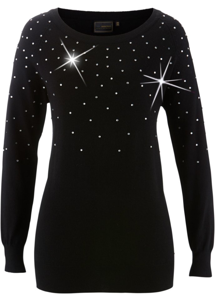 Long-Pullover mit Glitzersteinen