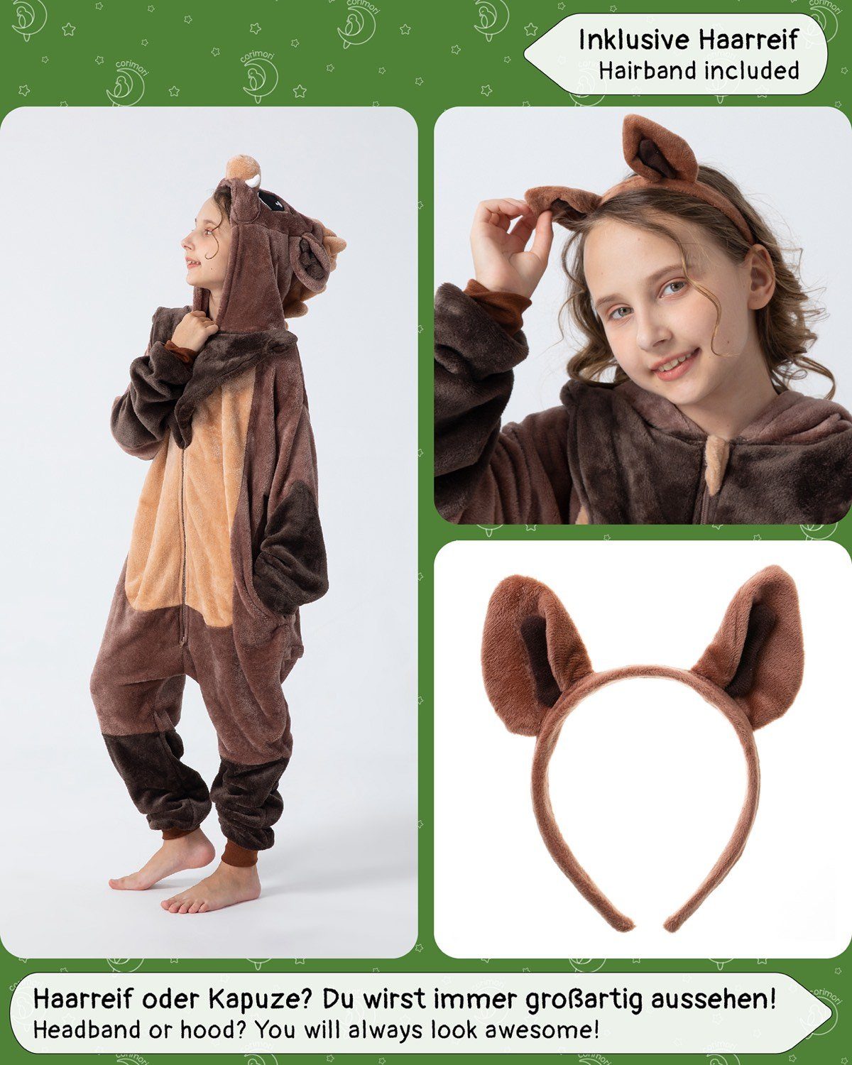 Corimori Jumpsuit Flauschiges Wildschwein-Kostüm für Kinder (2-tlg) mit Haarreif, Karneval, Fasching, Onesie, Mädchen, Jungen, Waldtiere