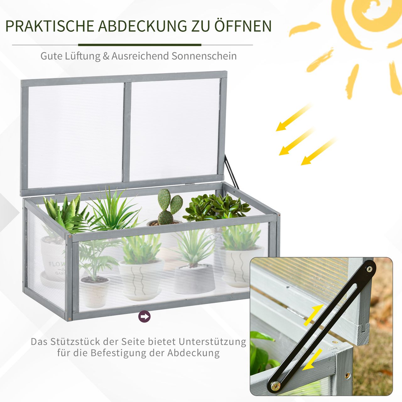 Outsunny Frühbeet Treibhaus Gewächshaus Frühbeetkasten Pflanzenbeet mit Abdeckung aus Holz und Polycarbonat wetterfest Grau 90 x 46 x 40 cm