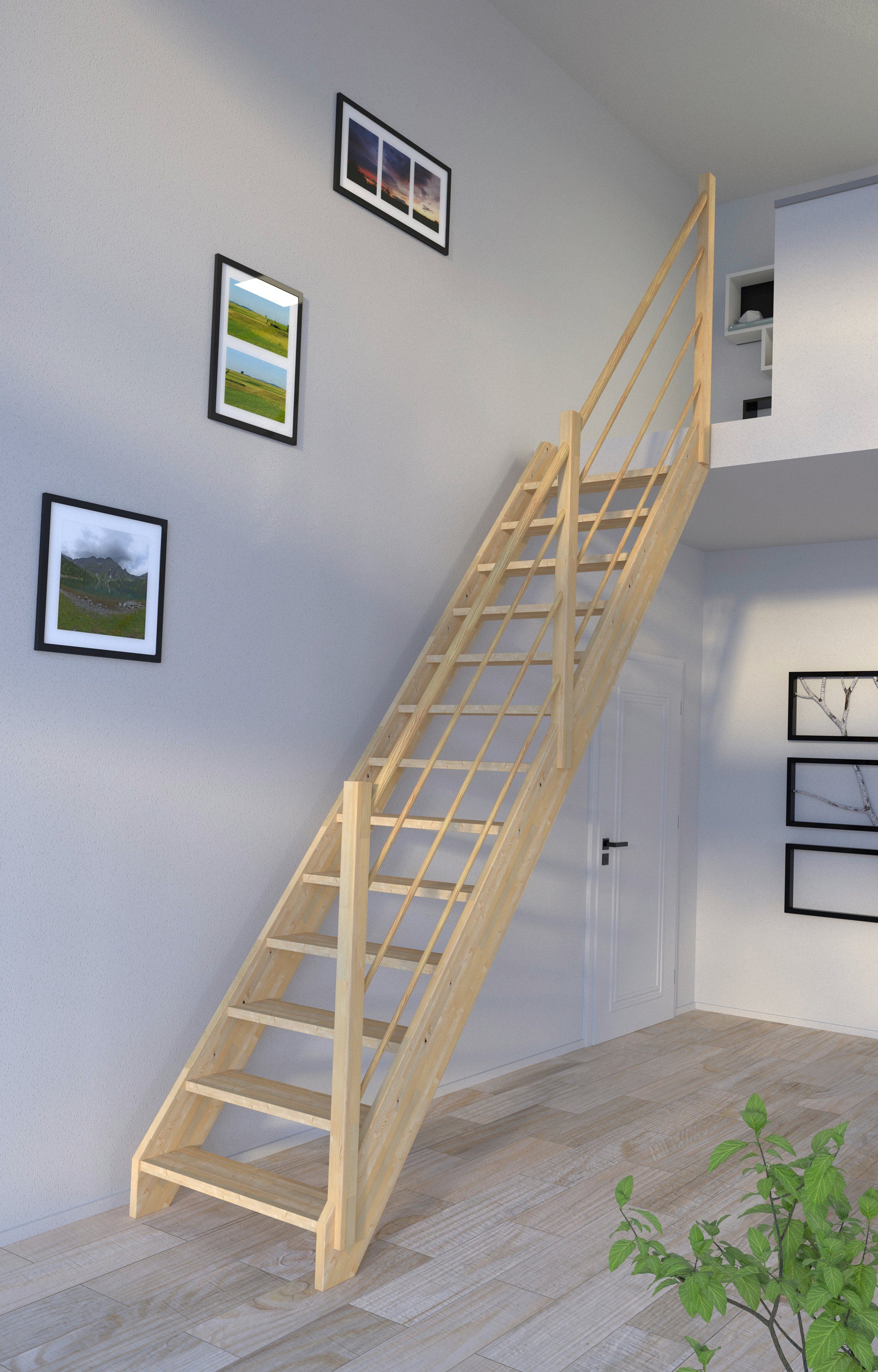 Starwood Raumspartreppe Massivholz Korfu, Holz-Holz Design Geländer Rechts, für Geschosshöhen bis 300 cm, Stufen offen, Durchgehende Wangenteile