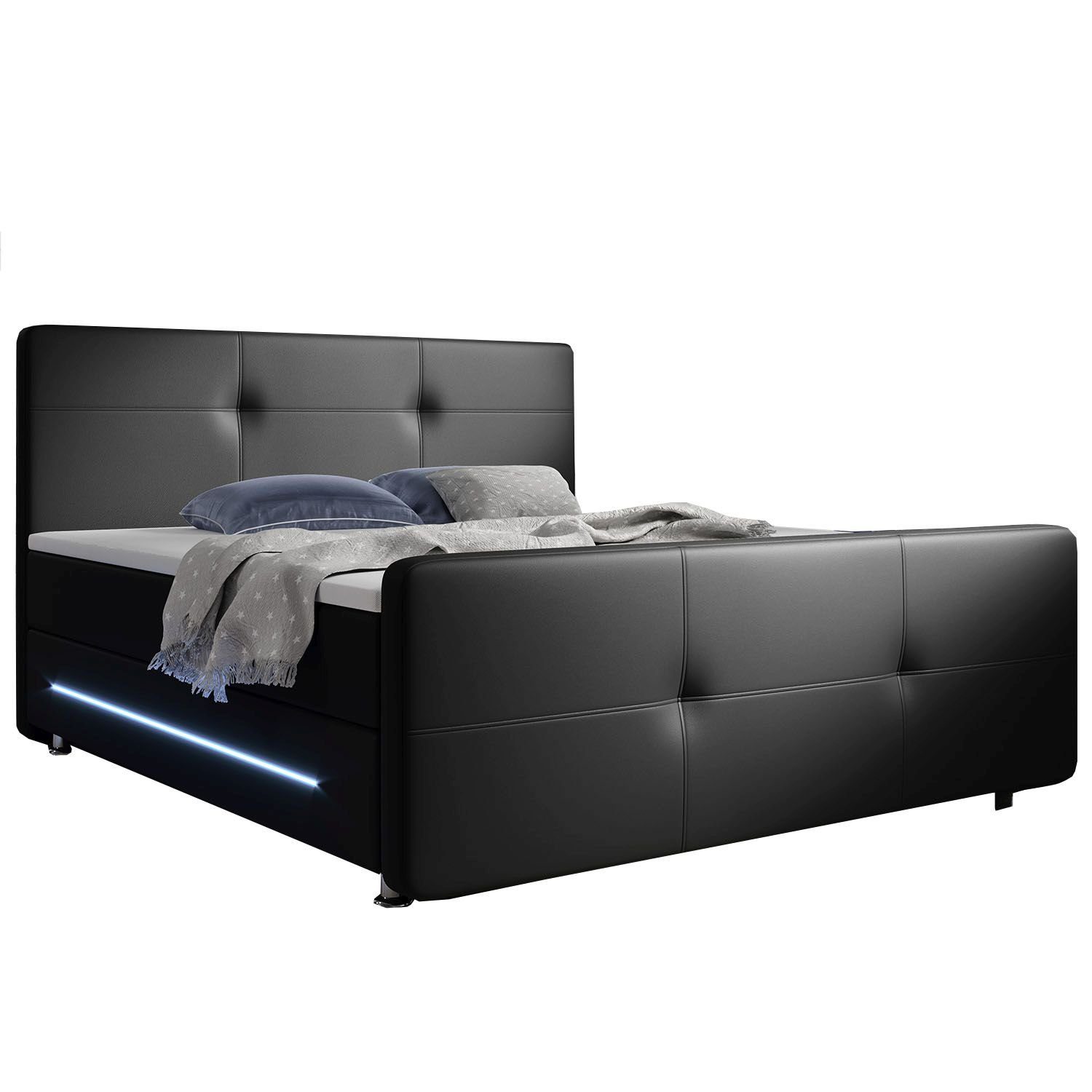 Juskys Boxspringbett Oakland, 140x200 cm, Doppelbett mit Topper, Kopfteil und LED-Beleuchtung