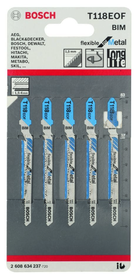 Bosch Blue Accessories 2608634237 T118EOF Pistosahan terät T-varsi per 5 metallinjoustavaa mutkaa