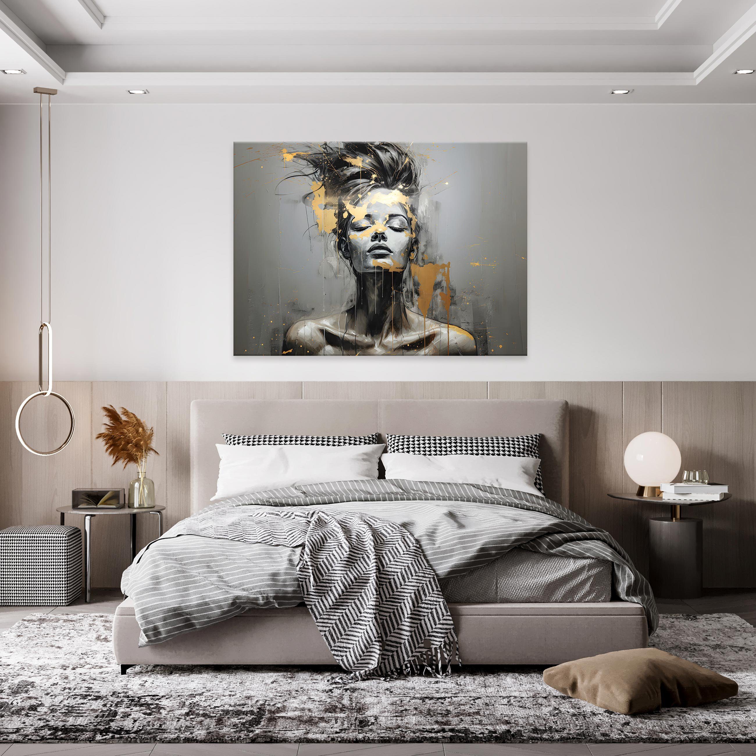Wallarena Leinwandbild Frau Kunst Gold Abstrakt Schwarz Wandbild XXL Leinwandbilder Modern, Glamour (Einteilig, 1 St), Leinwandbild Leinwand Bilder Bild Groß Aufhängefertig
