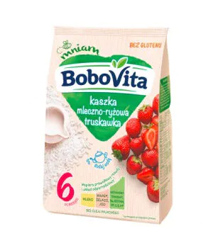 Bobovita pieno ir ryžių košė su braškėmis po 6 mėnesių