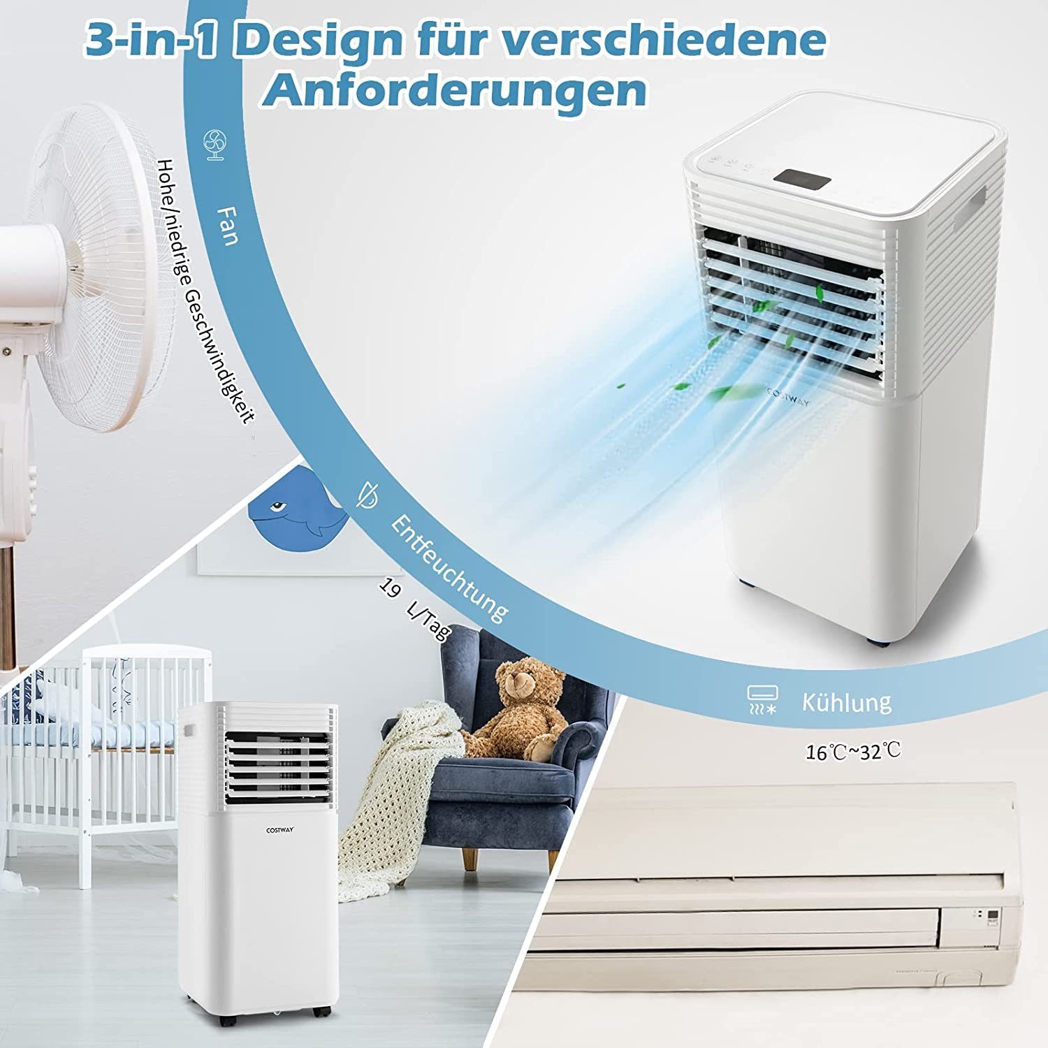 COSTWAY 3-in-1-Klimagerät, 7000BTU/2,1kW, 39m³, Fernbedienung, 16℃-32℃