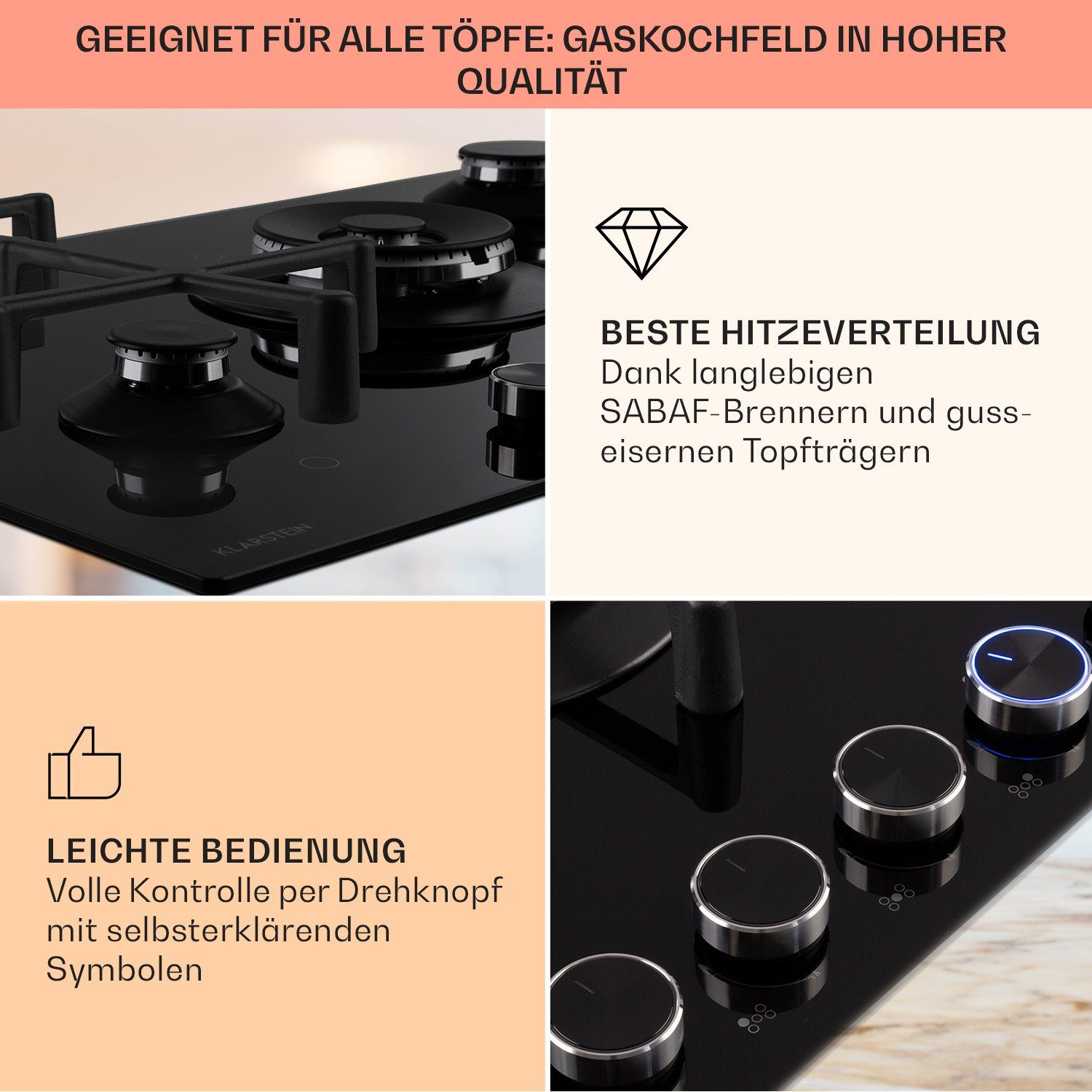 Klarstein Gas-Kochfeld Illuminosa 5 Gaskochfeld 5-flammig Sabaf-Brenner Glaskeramik CGCH6-Illuminosa-5, Gaskochfeld 5 flammen flammig Brenner Kochfeld