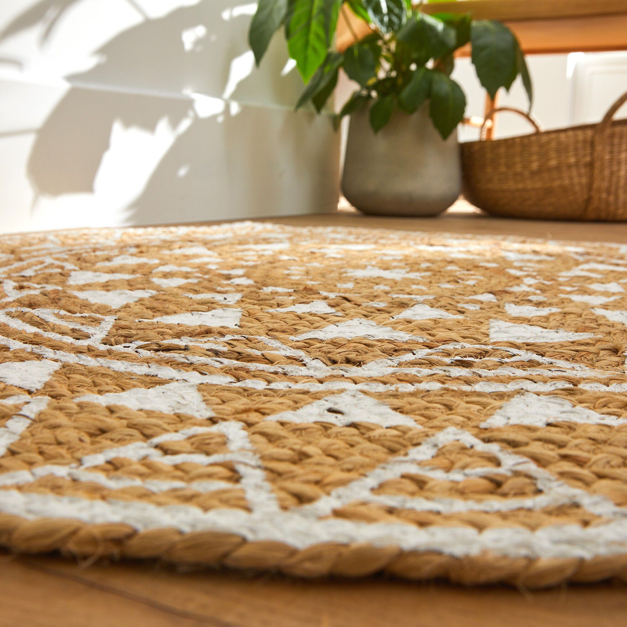 Tapis rond en jute imprimé blanc