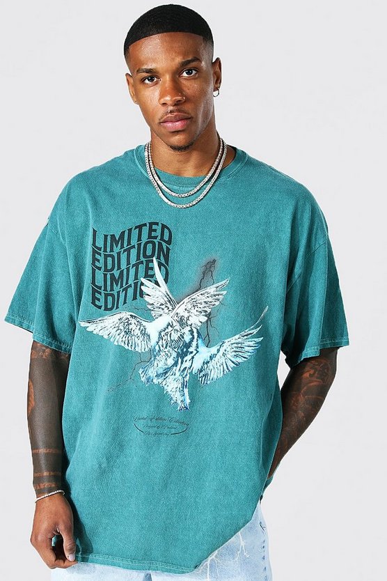 Gefärbtes Oversize T-Shirt mit Tauben-Print