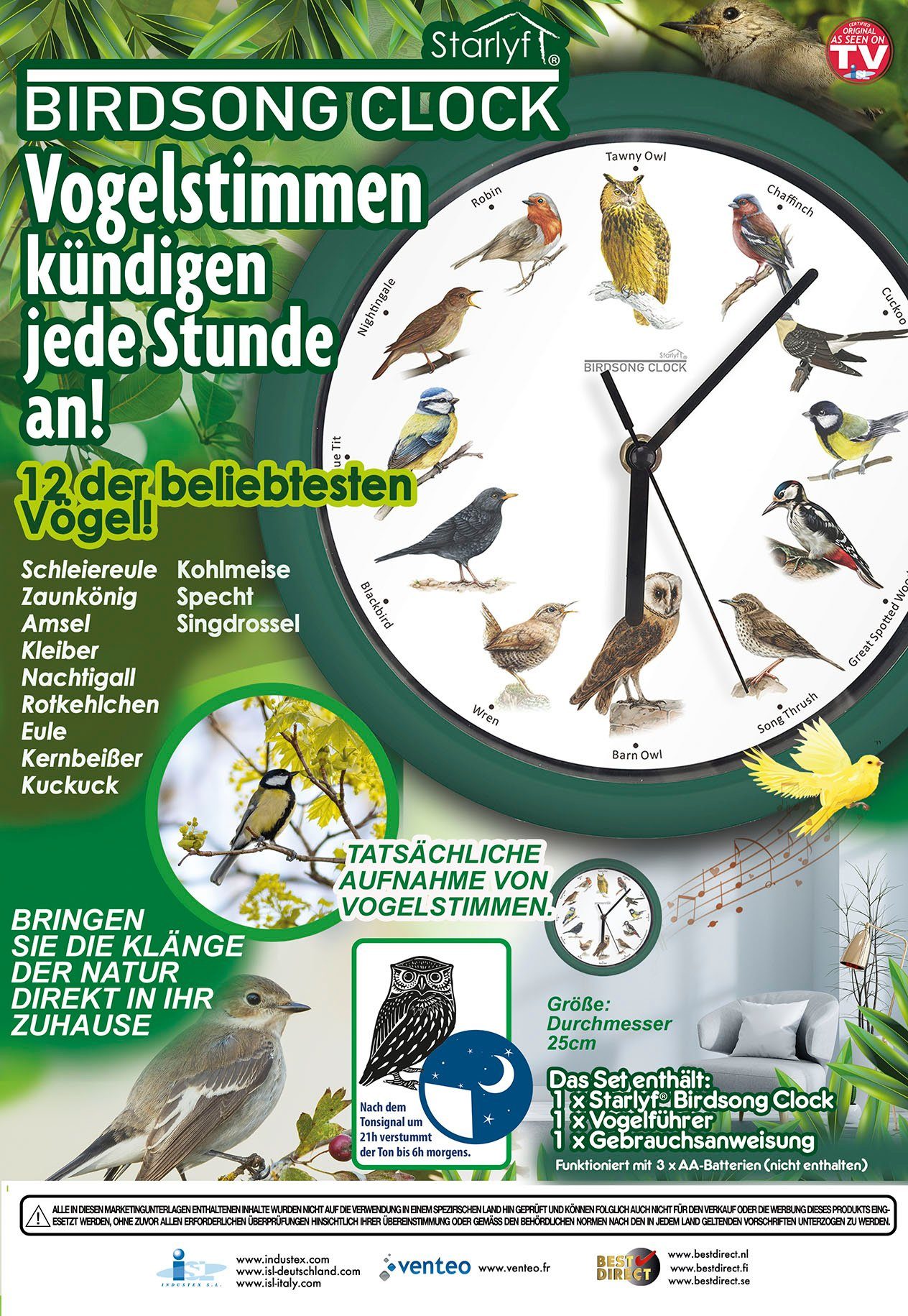 Starlyf Wanduhr Birdsong Clock (Uhr mit natürlichen Vogelstimmen, 25x25cm, batteriebetrieben, grün)