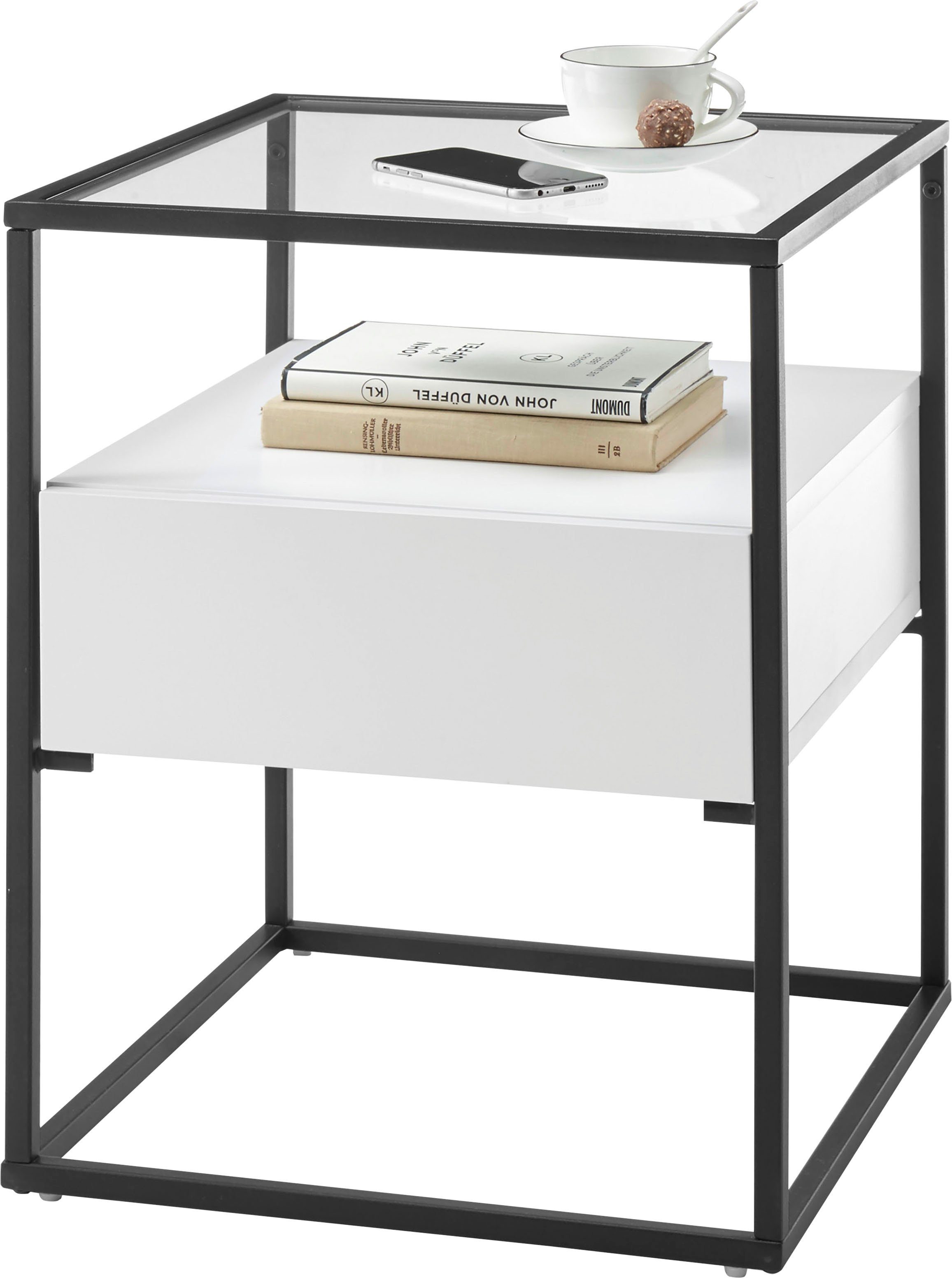 MCA furniture Beistelltisch Evora, Glastop mit Schublade push to open