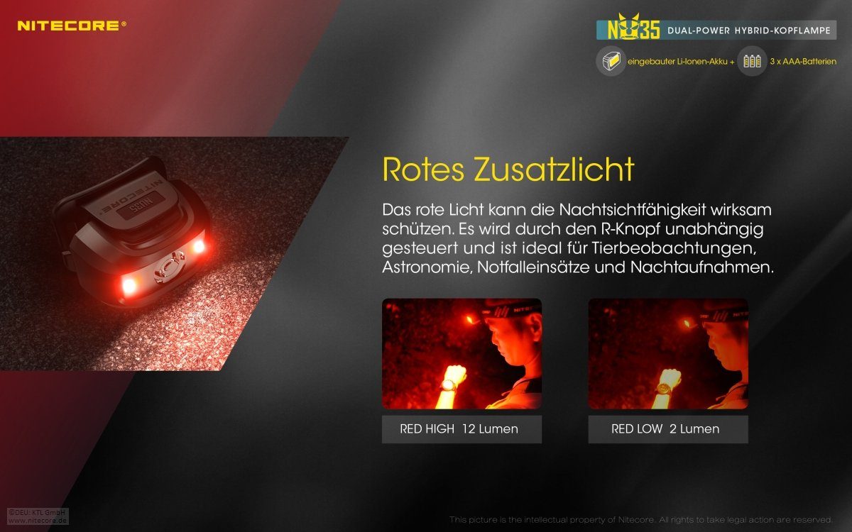 Nitecore LED Taschenlampe NU35 Stirnlampe LED - Dual Power Hybrid - LED 460 Lumen - IP66 (1-St)