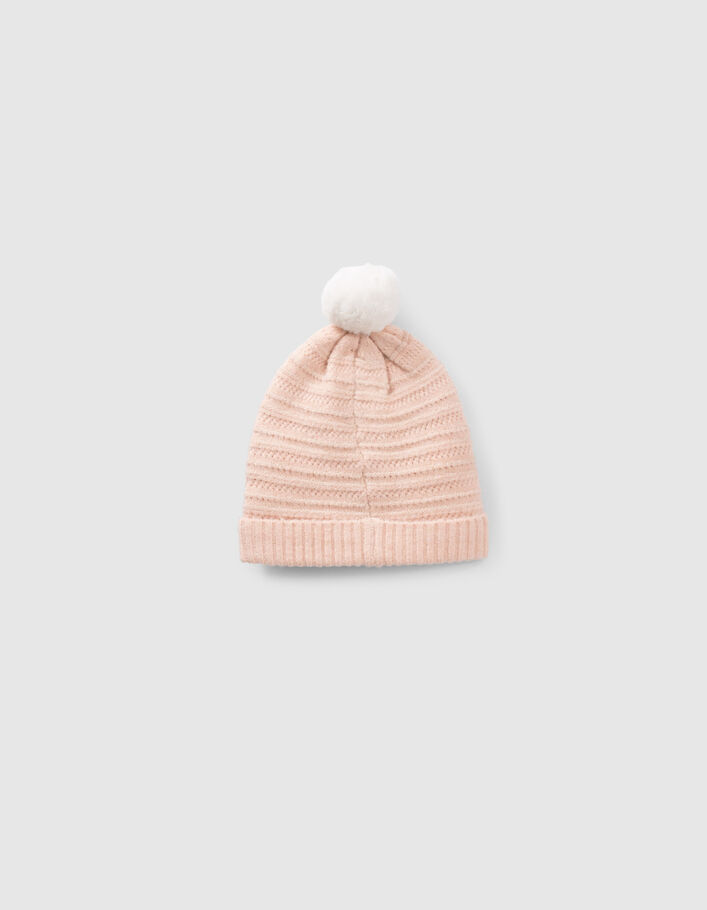 Bonnet rose tricot fantaisie lurex badge bronze fille