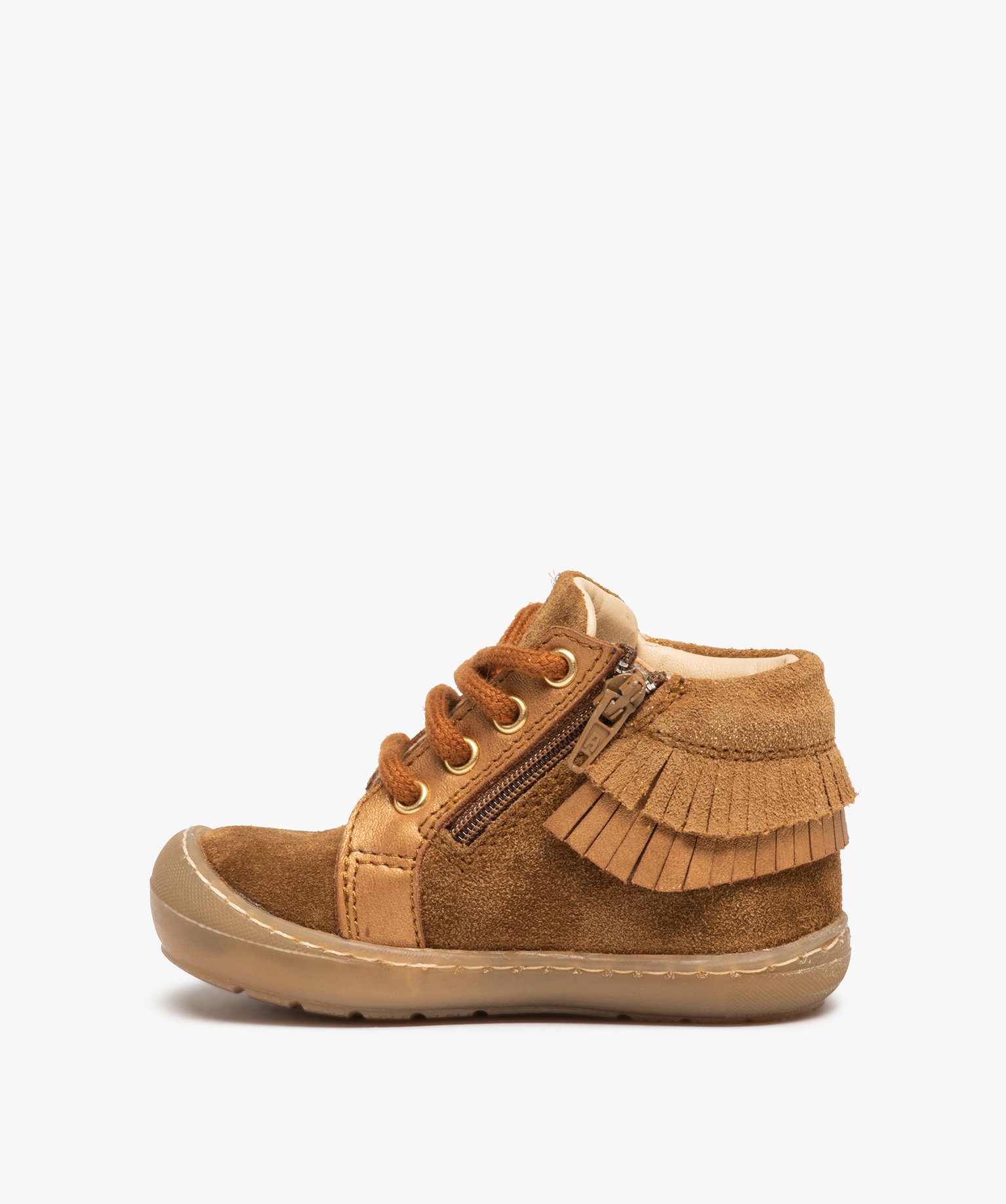 Chaussures premiers pas bébé fille dessus cuir à franges ... camel | GEMO