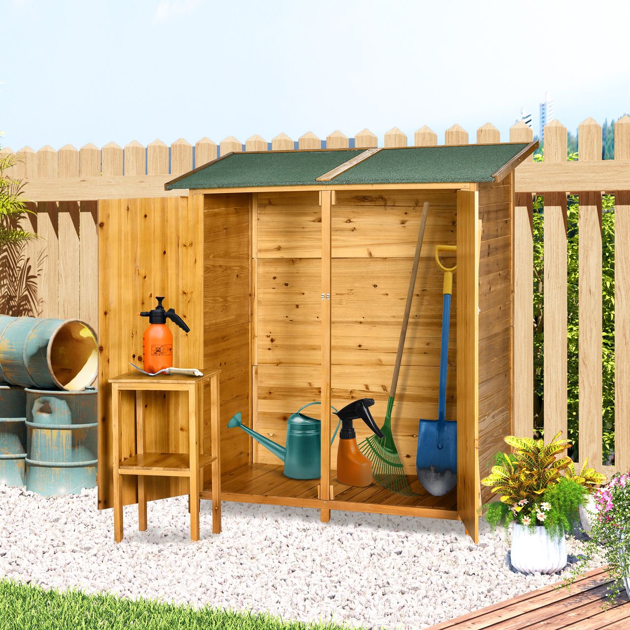 Outsunny Gartenschrank Geräteschuppen mit 2 Tür Asphaltdach Tannenholz Natur